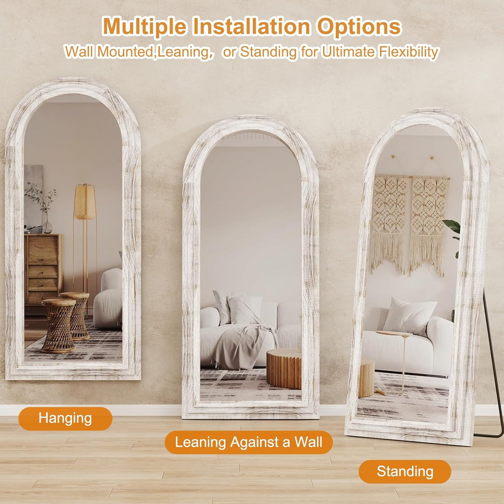 ZHUNFA External Three-Layer Arched Full Length Mirror with Solid Wood Frame,65x22 Modern Farmhouse Decor Standing Mirror Full Length,Wall Mounted,Leaning,Standing for Bedroom,Living Room,White.