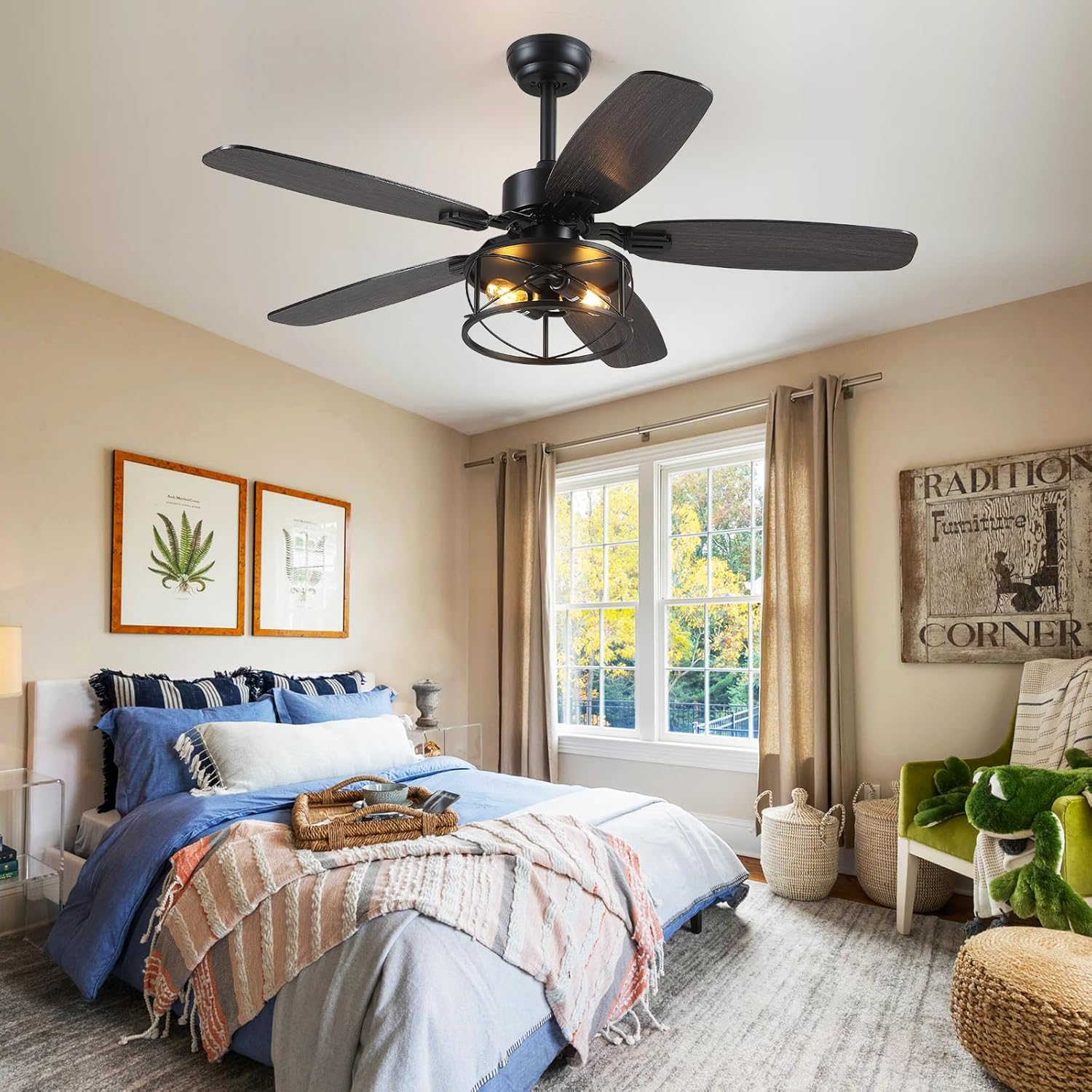Hounberi 52" Caged Ceiling Fan with Lights and Remote, Downrod Rustic Ceiling Fans, 6-Speed Reversible, 5 Dual-Finish Blades, E26*2 Blub Base + Black Metal Lampshade for Bedroom Living Room