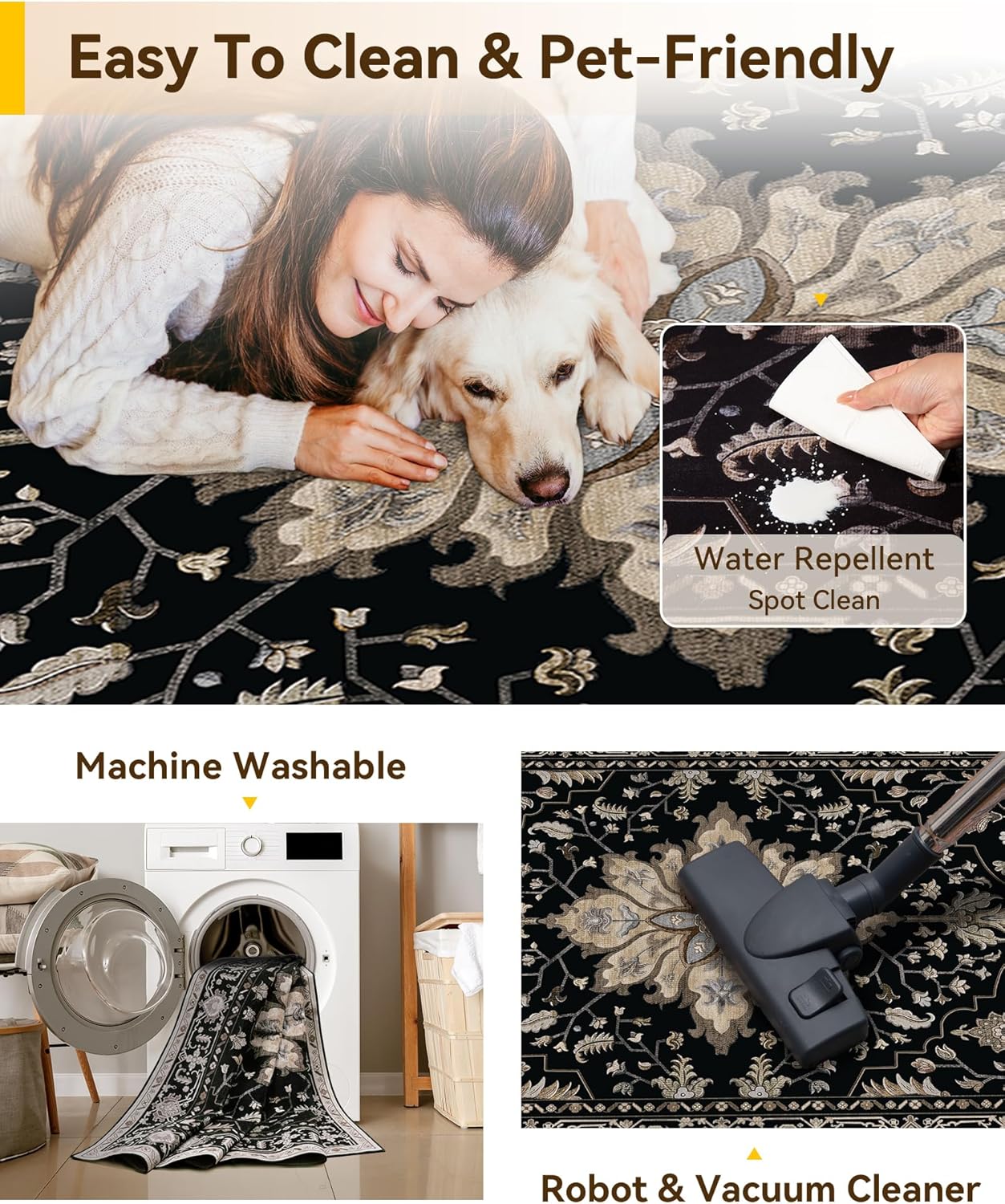 RELEANY Area Rugs 9'x12' Washable Non-Slip, Floral Vintage Distress Print Pattern Medallion Carpet for Living Room Bedroom Dining Room, Black Brown Neutral Dark Tan