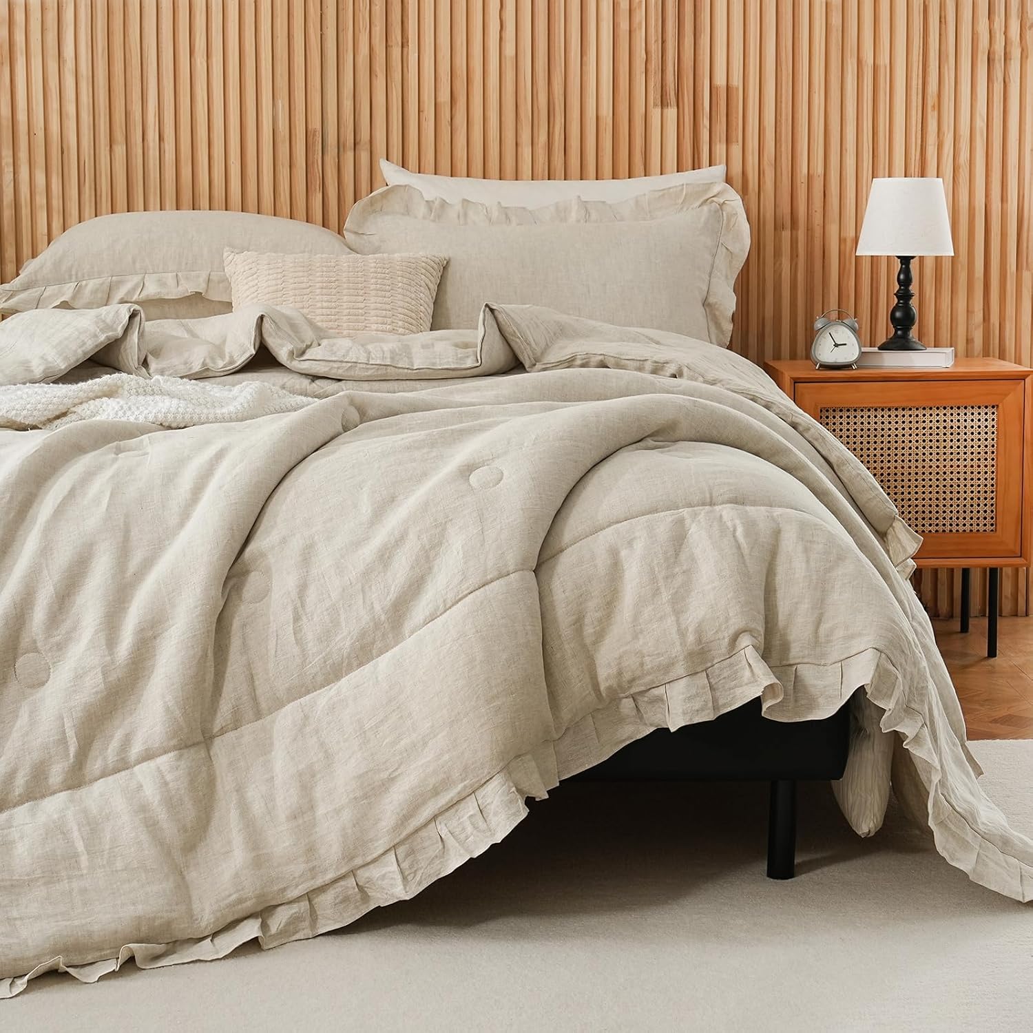 Merryword Linen Ruffled Comforter Set Queen Size 3 Pieces Natural French Flax Linen Bedding Shabby Chic Farmhouse Comforter Soft Breathable Moisture Wicking Bedding Set