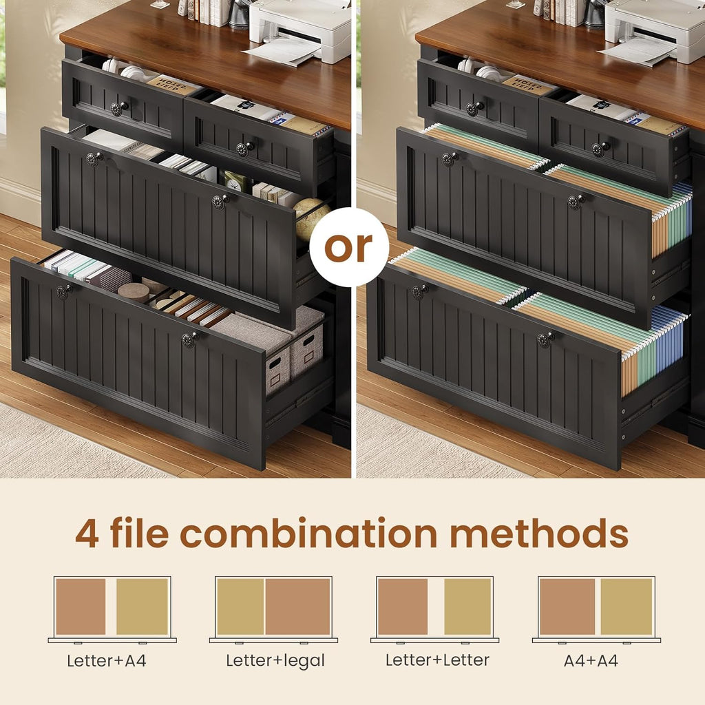 SEDETA 4 Drawers File Cabinet, 33" Farmhouse Filing Cabinets for Home Office fit Legal/Letter/A4 File, Wood Office File Cabinet with Power Outlets, Printer Stand with Storage, Black+Brown