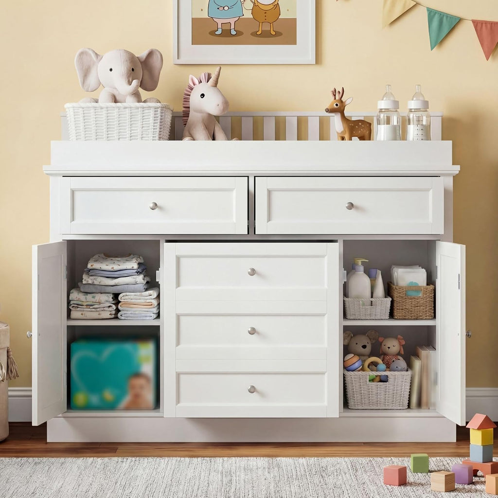 Timechee 46“ Baby Dresser with Changing Table Top, White Dresser with Storage Drawers and Doors for Nursery, Multifunctional Nursery Baby Changing Table Dressers, Diaper Station Cabinet for Kids Room