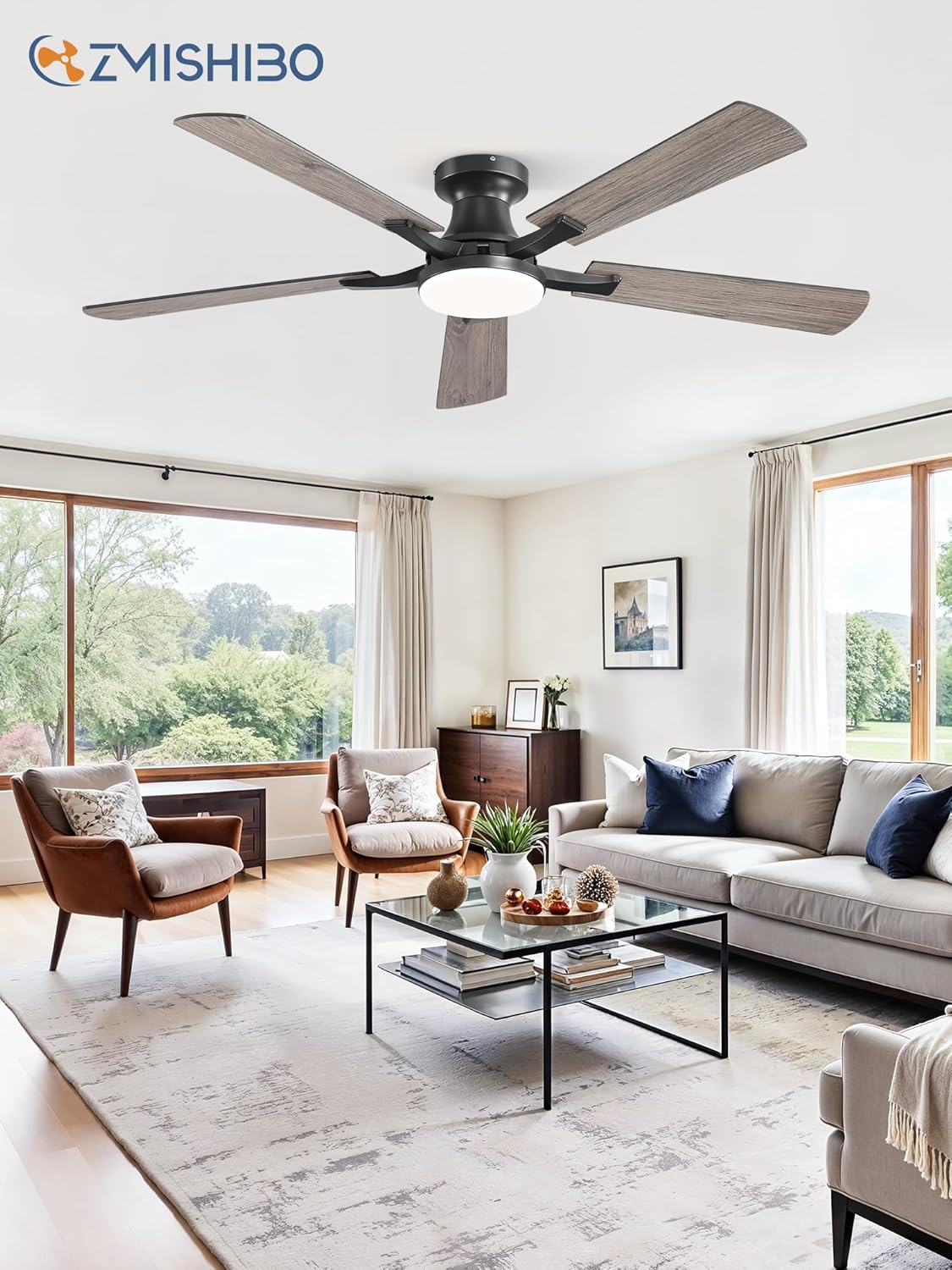 ZMISHIBO 52 Inch Ceiling Fan with Light, App&Remote Control, Flush Mount Low Profile, Dimmable 20W LED Light, Quiet Reversible Motor for Bedroom, Living Room, Apartment, Black