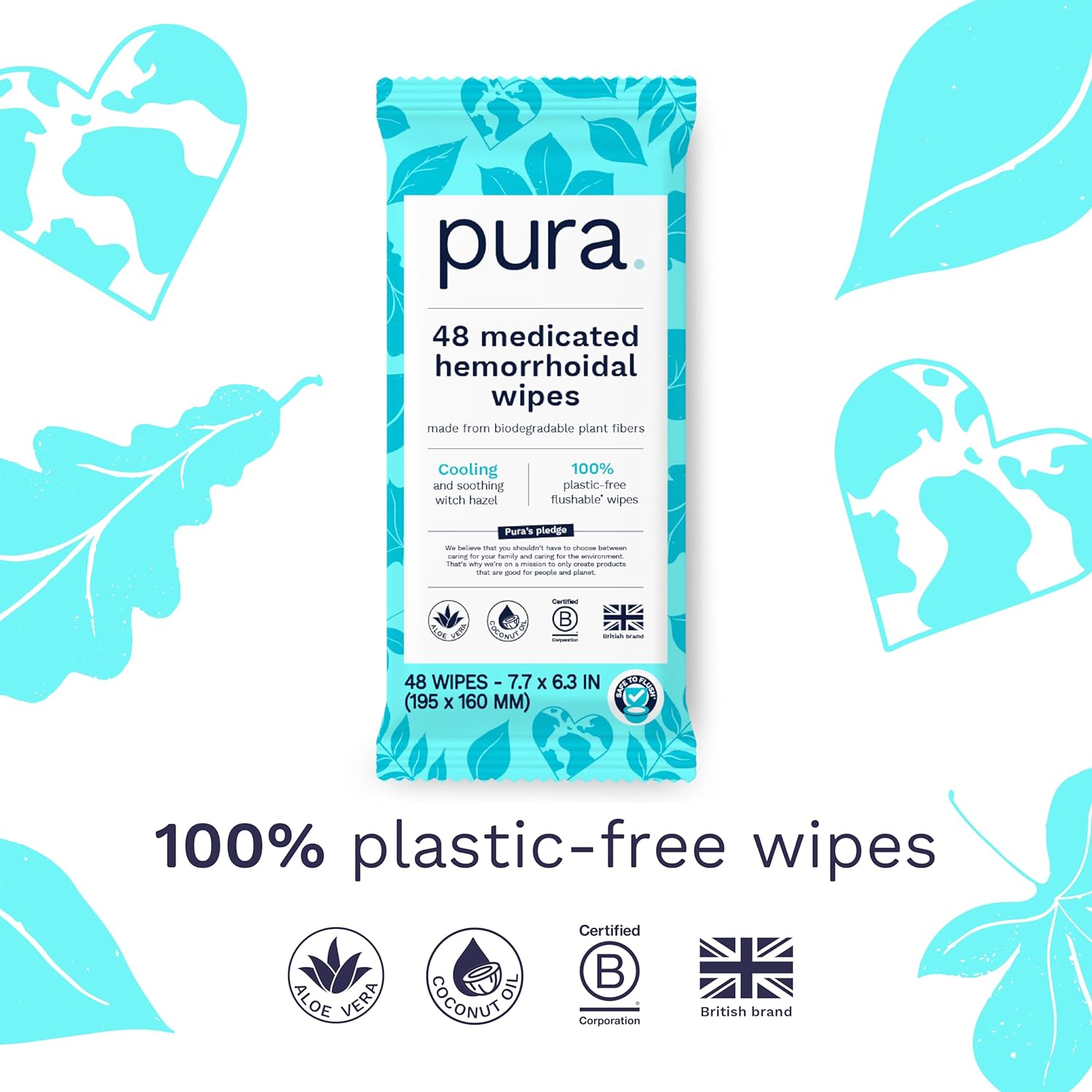 Pura XL Flushable Medicated Wipes for Hemorrhoid Relief, Extra-Large, Fragrance-Free Wet Wipes with Witch Hazel, Coconut Oil & Aloe, Skin Soothing, 96 Wipes (2 Packs)