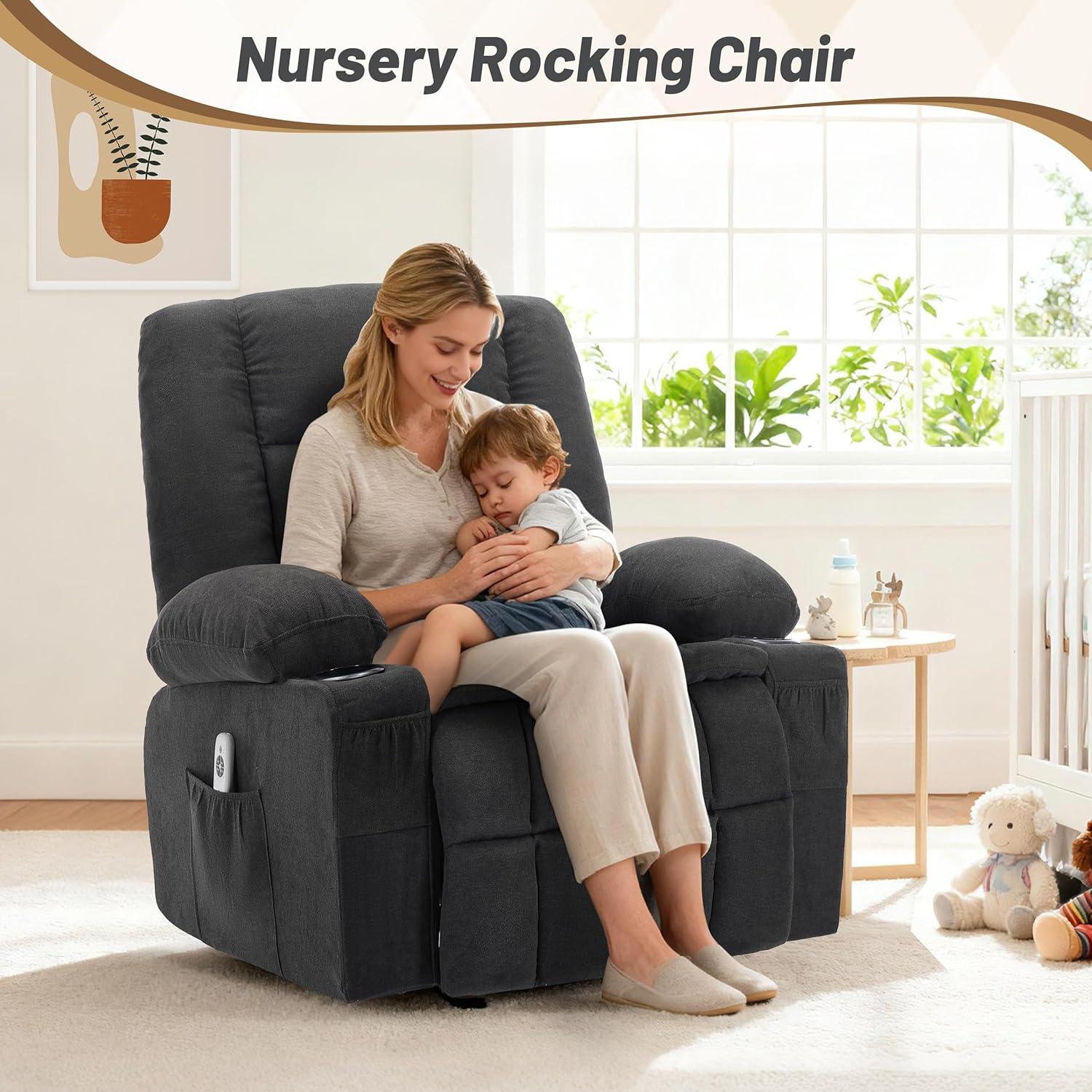 Rocker Recliner Chair with Massage and Heat, Nursery Rocking Chairs for Living Room, Recliner Chair for Adults, Ergonomic Comfy Relining Chair with Cup Holders, USB Charge Port, Side Pockets, Black