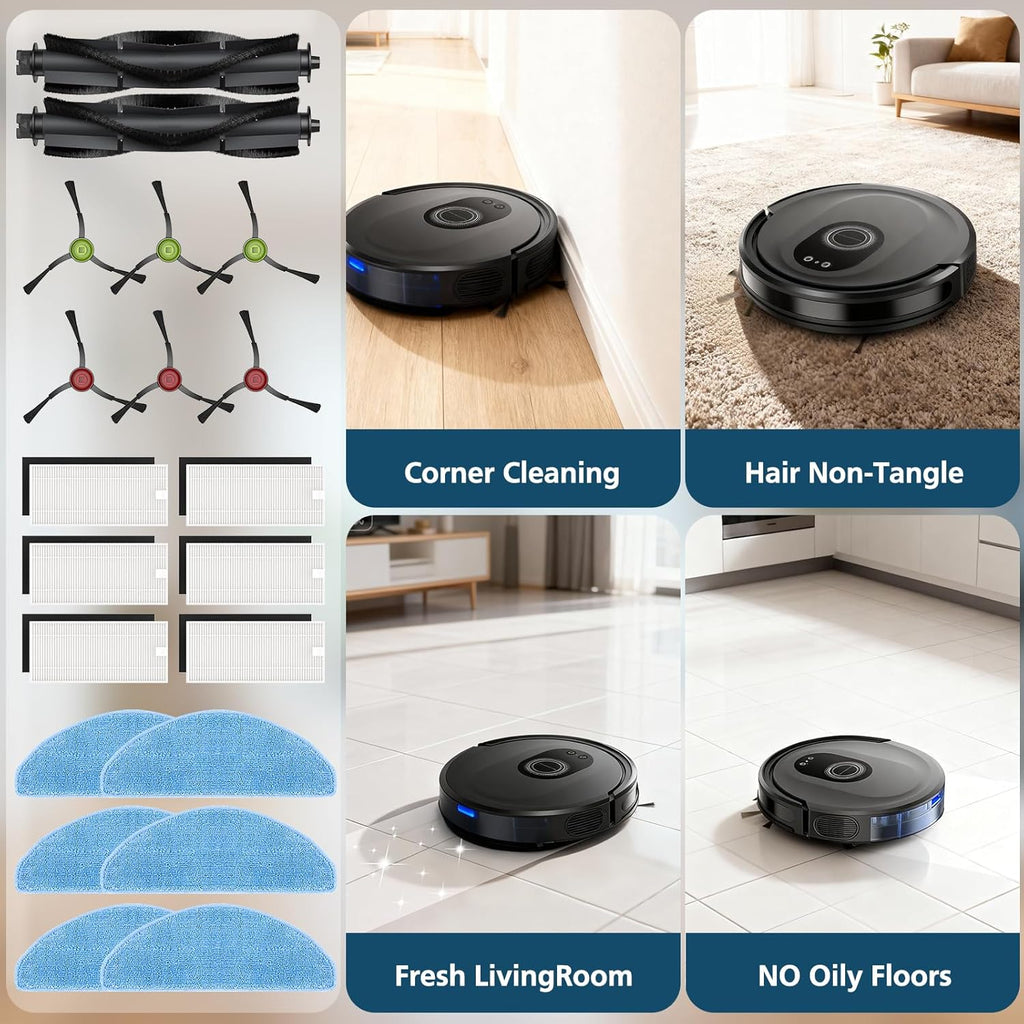 G8000 Max Replacement Parts, for Tikom G8000 Max, L8000 Plus, 2025 Year L8000 Pro Robot Vacuum, Accessories Include 2 Main Brushes, 6 Side Brushes, 6 HEPA Filters, 6 Mop Pads
