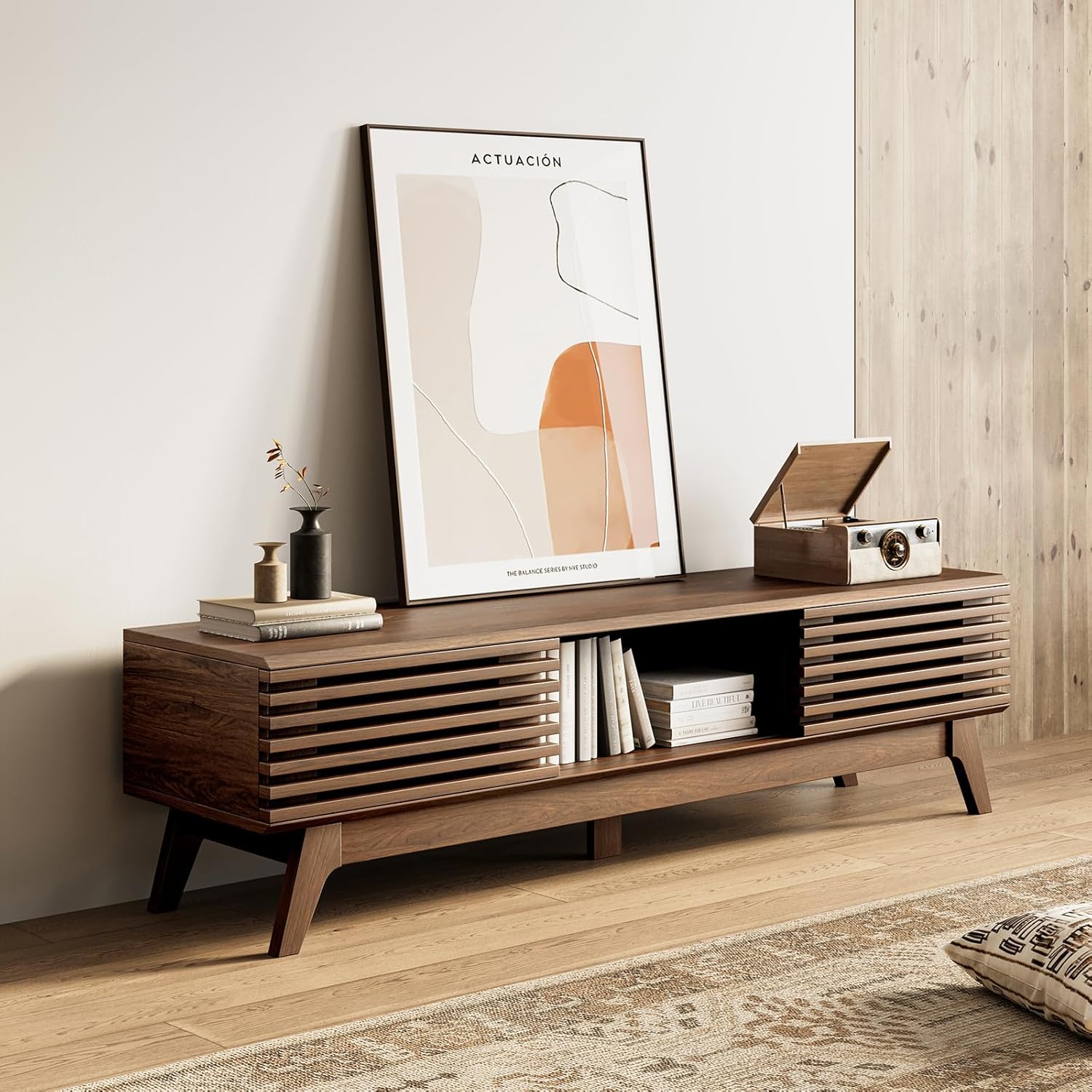AODK 59" TV Stand for 55"/60"/65" TVs, Mid-Century Modern Fluted Entertainment Center with Sliding Doors, Storage Cabinets & Media Console Table, Living Room & Bedroom, Walnut