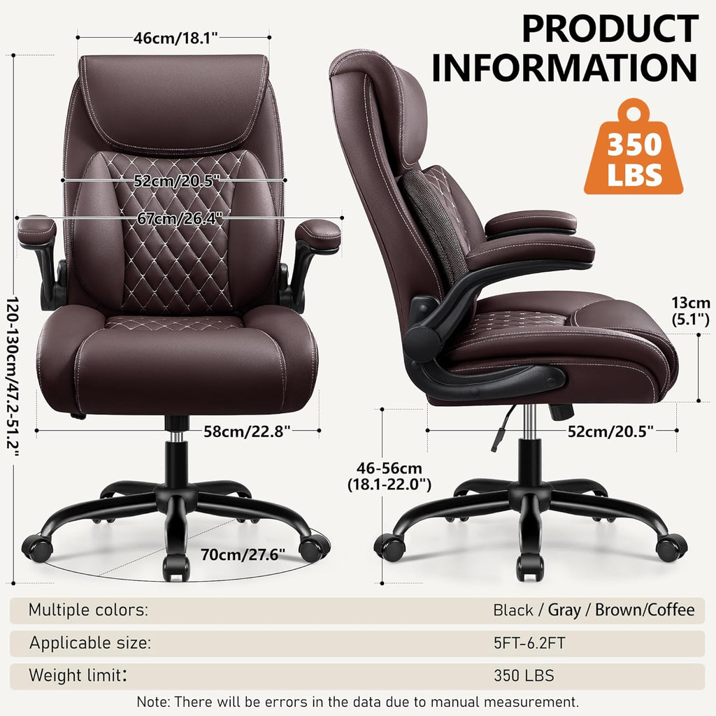 BESTFAIR Office Chair, Executive Computer Desk Chair with Lumbar Support for Lower Back Pain Relief, Ergonomic Leather Home Chair Comfy with Padded Flip-up Arms and Adjustable Armrests, Coffee