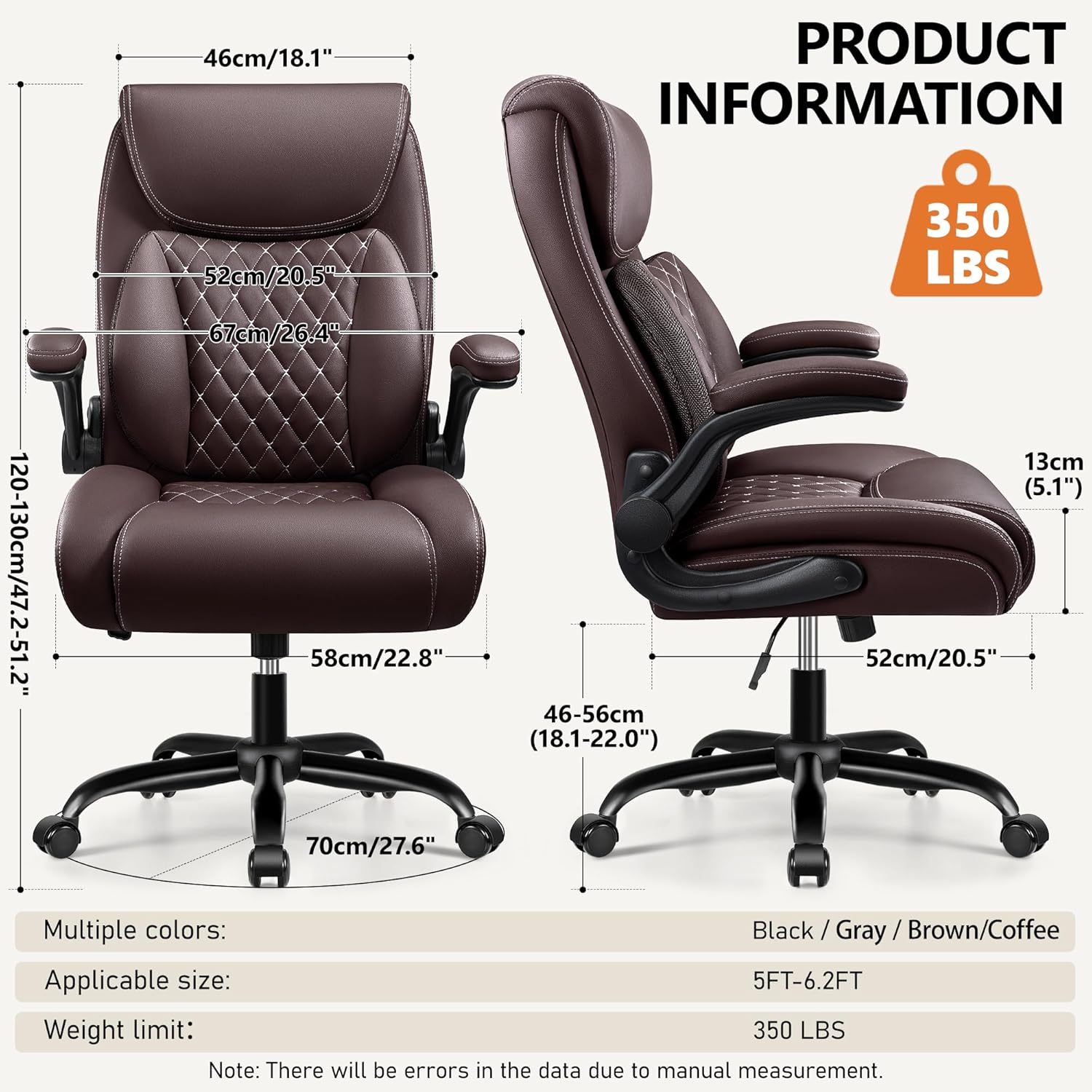 BESTFAIR Office Chair, Executive Computer Desk Chair with Lumbar Support for Lower Back Pain Relief, Ergonomic Leather Home Chair Comfy with Padded Flip-up Arms and Adjustable Armrests, Coffee