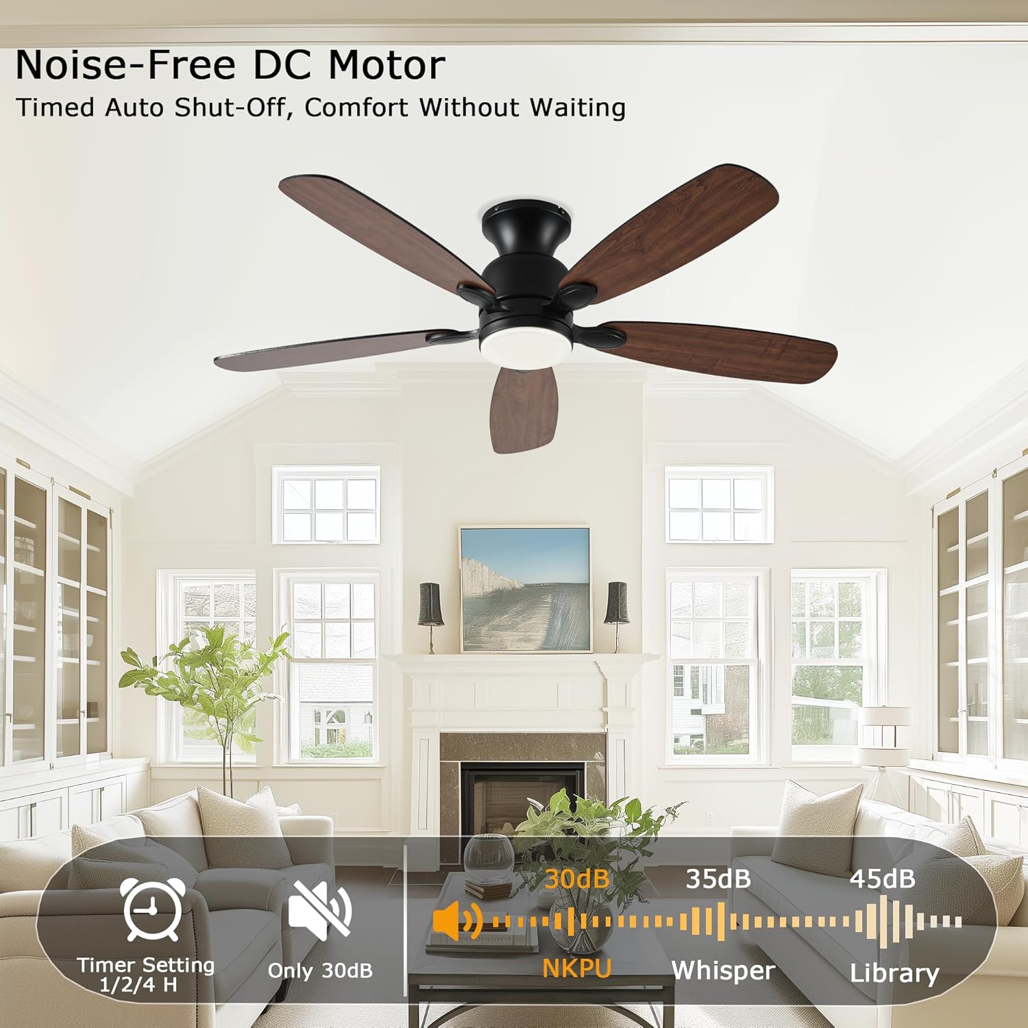 NKPU 52inch Low Profile Ceiling Fan with Light and Remote/APP Control,Reversible DC Motor,Noiseless,Dimmable,Modern Flush Mount Ceiling Fan for Bedroom,Indoor/Outdoor Use(Brown)
