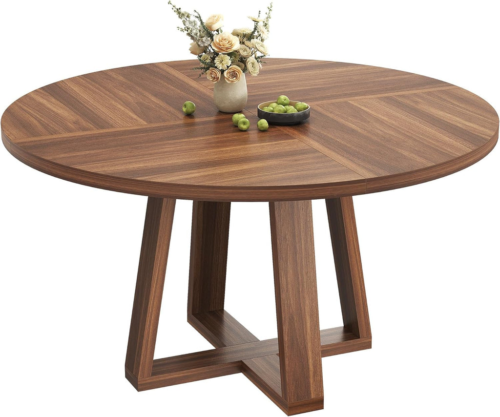 Garvee Round Dining Table for 4-6 People, 47" Modern Circle Dinner Table with Wooden Cross Pedestal Base for Living Room, Kitchen, Walnut Brown