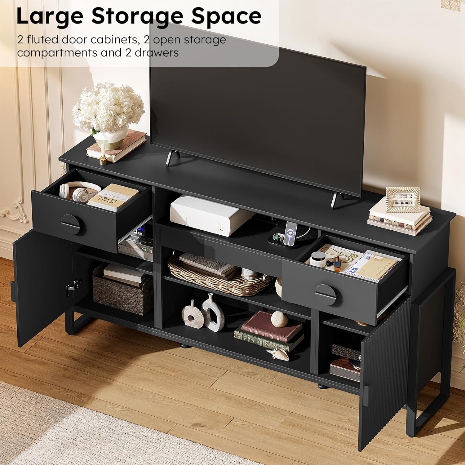 70 inch Modern Fluted TV Stand for TVs up to 80", Multifunctional Entertainment Center with Open Shelf, Built-in Power Outlets & 2 Large Drawers, Doors Storage Cabinet for Living Room, Black