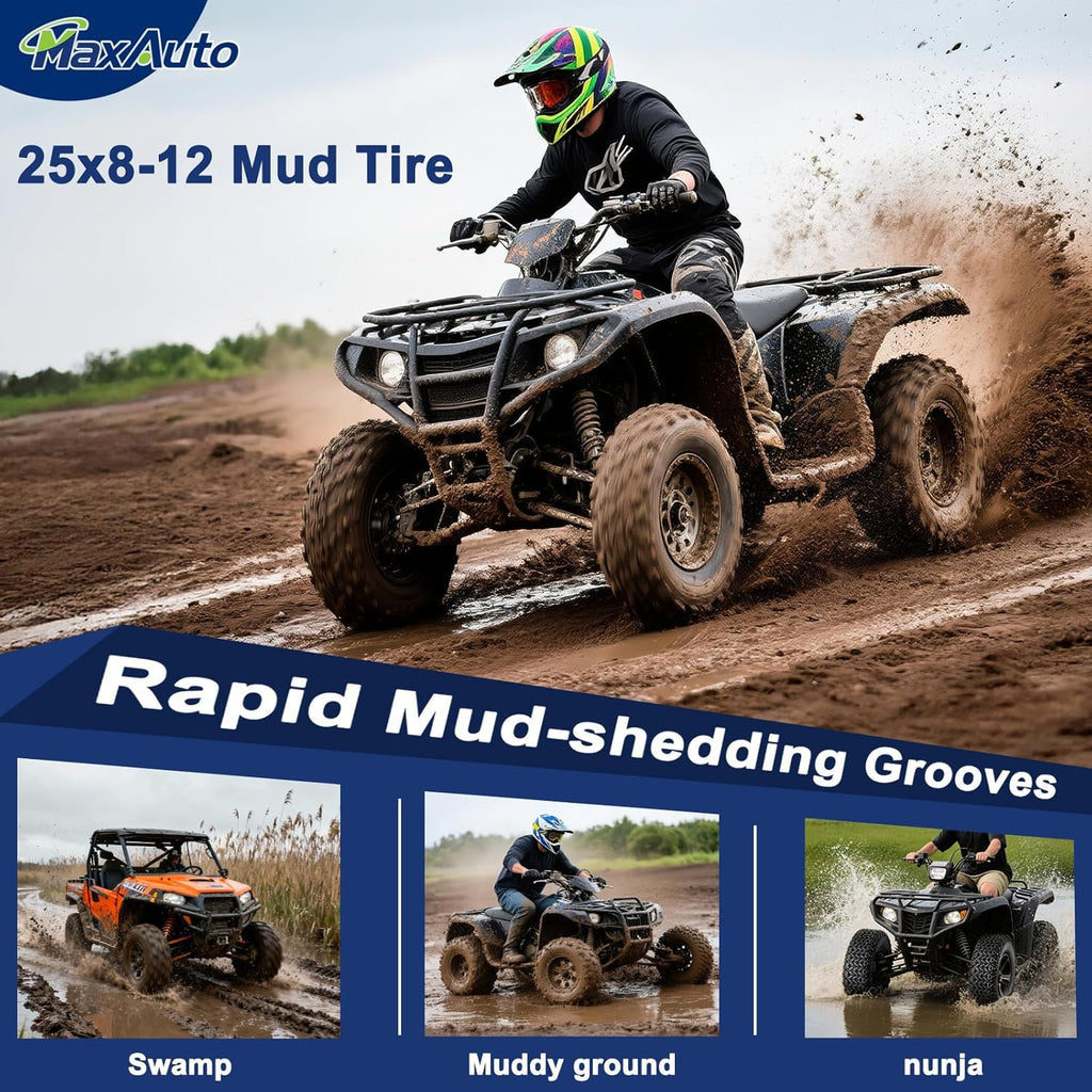 MaxAuto 2pcs 25x8-12 ATV UTV Tires, 25x8x12 All Terrain Side by Side Tires, 25 8 12 Mud Tire, 6Ply Tubeless