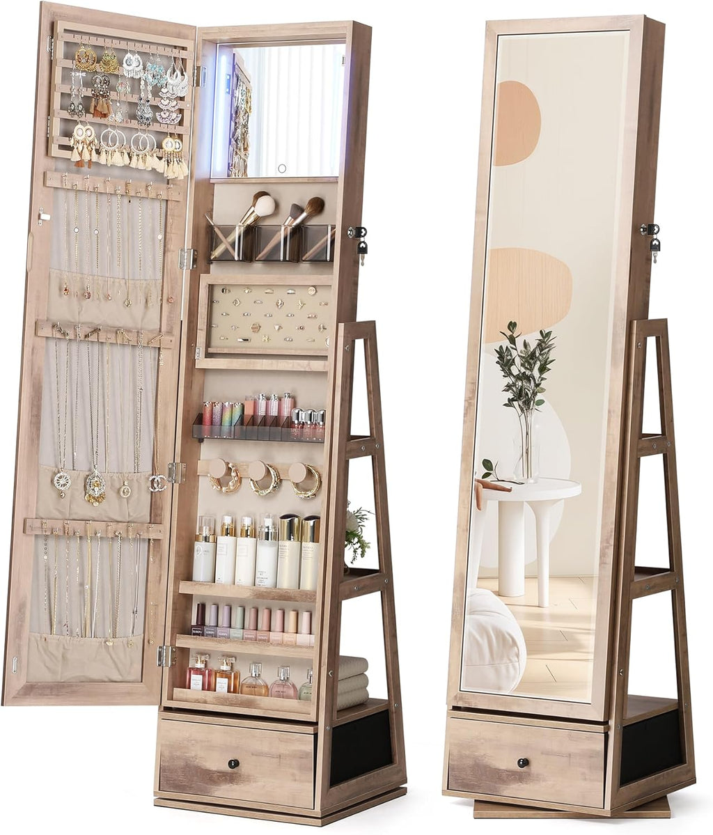 Nicetree 360° Swivel Jewelry Cabinet with Lights, Touch Screen Vanity Mirror, Rotatable Full Length Mirror with Jewelry Storage, Standing Jewelry Armoire Organizer, Foldable Makeup Shelf, Oak