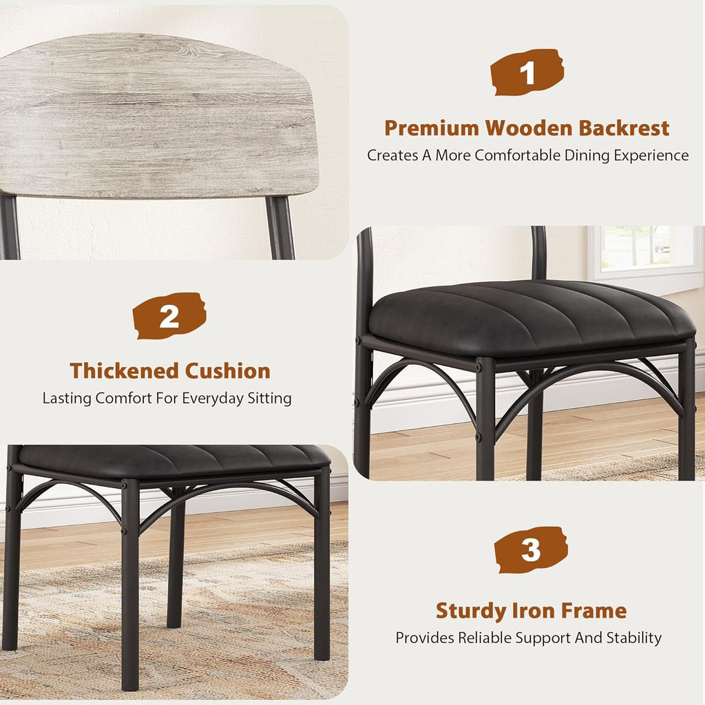 Jocoevol Dining Chairs Set of 4 - Upholstered Dining Room Chairs with PU Leather, Industrial Kitchen Chairs with Wooden Backrest and Thickened Metal Legs, for Dining Room, Living Room（Gray）
