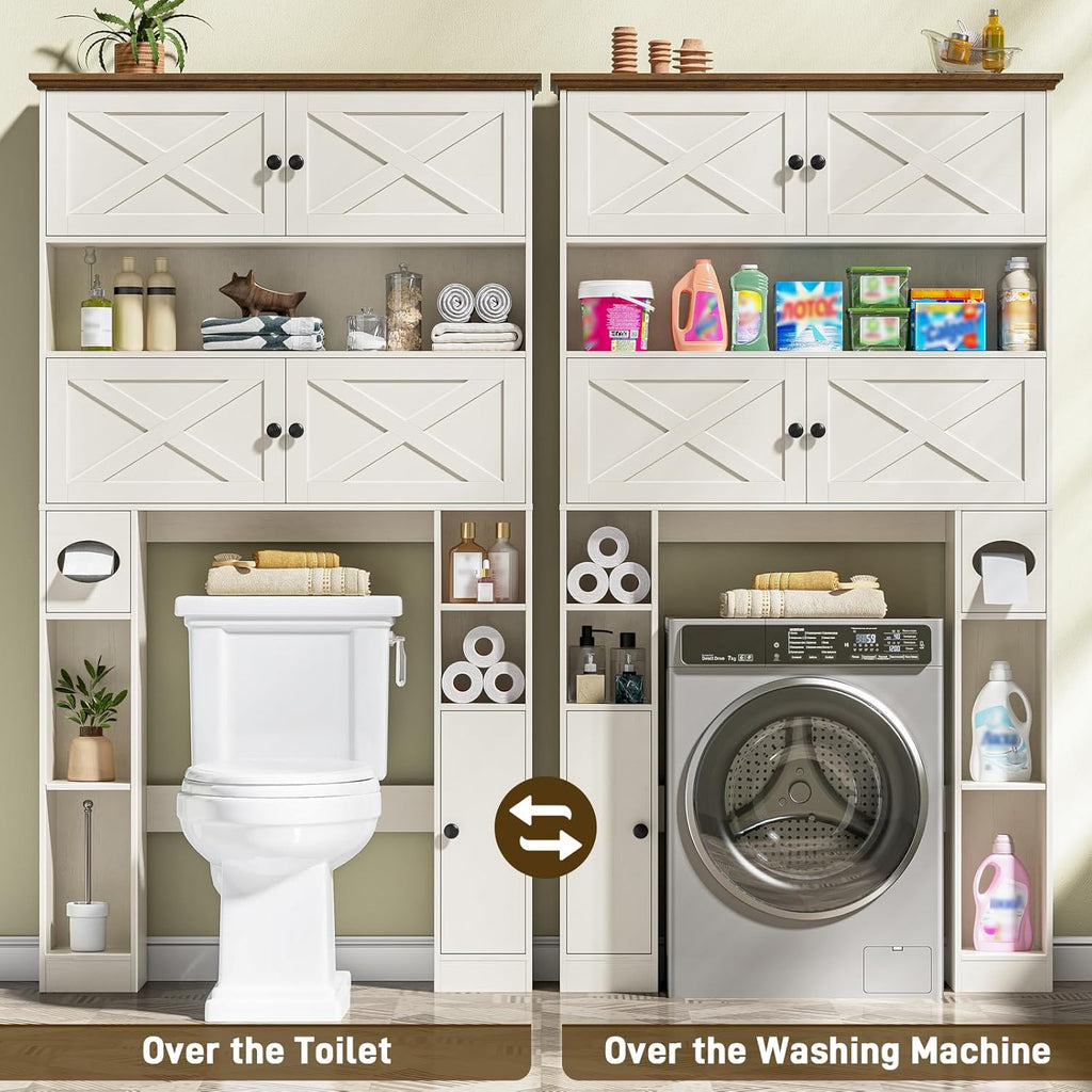 Over The Toilet Storage Cabinet, Farmhouse Storage Over Toilet with 4 Barn Doors & Adjustable Shelf, Space Saving Bathroom Organizer with Toilet Paper Holder Stand for Bathroom, Laundry, Rustic White