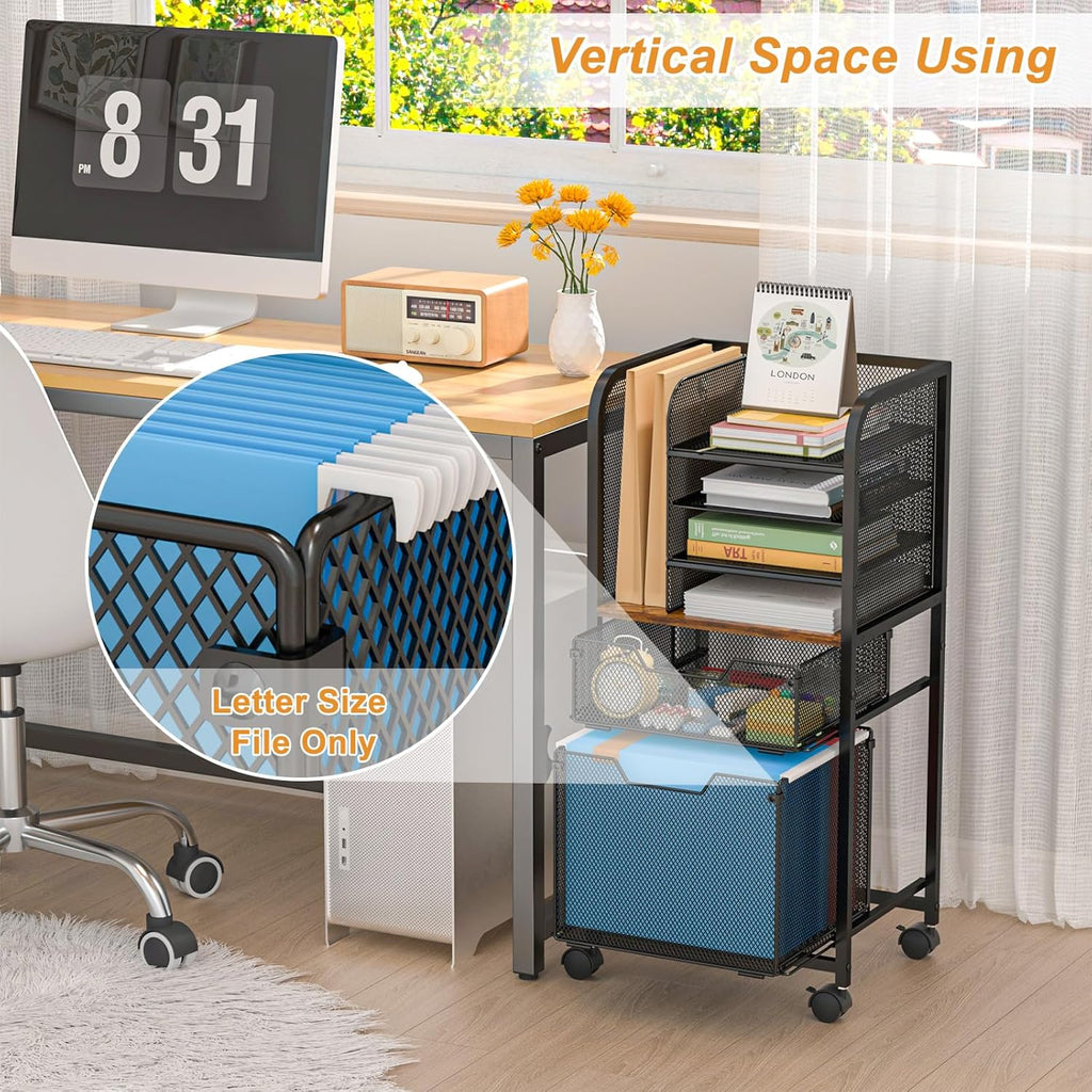 Feyejade 6-Tier Rolling File Cart with 2 Drawers, File Cabinet Organizer for Hanging File Folders, Letter-Size File Storage with Wheels, Multi-Layer Mobile Filing Cabinet for Office and Home