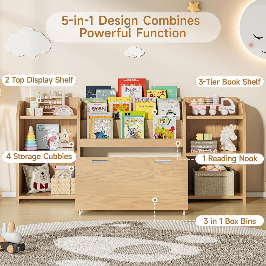 ONBRILL Kids Bookshelf with Reading Nook, 64.5" Toy Storage Organizer with Movable Bench with 3 Storage, Kids Bookcase with 3-Tier Bookshelf, 6 Storages Cubbies, Toy Box & Chest for Bedroom, Playroom