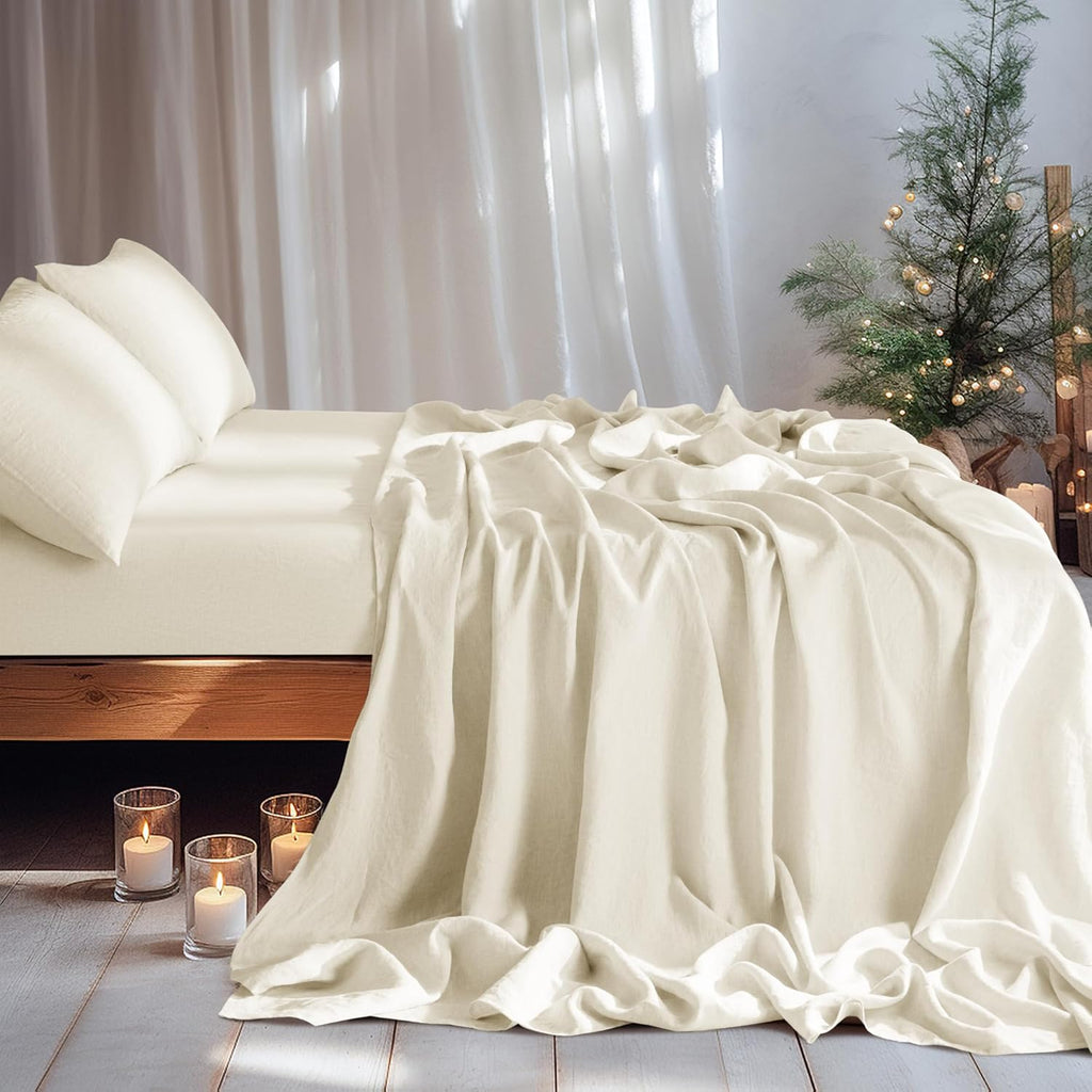 LBRO2M 100% Pure Linen Sheet Set Deep Pocket Up to 16" Bed Sheets Sets, Natural Flax Beddings Soft, Breathable, Comfortable for All Seasons 4 Pcs Sheet Set Queen Size, Beige