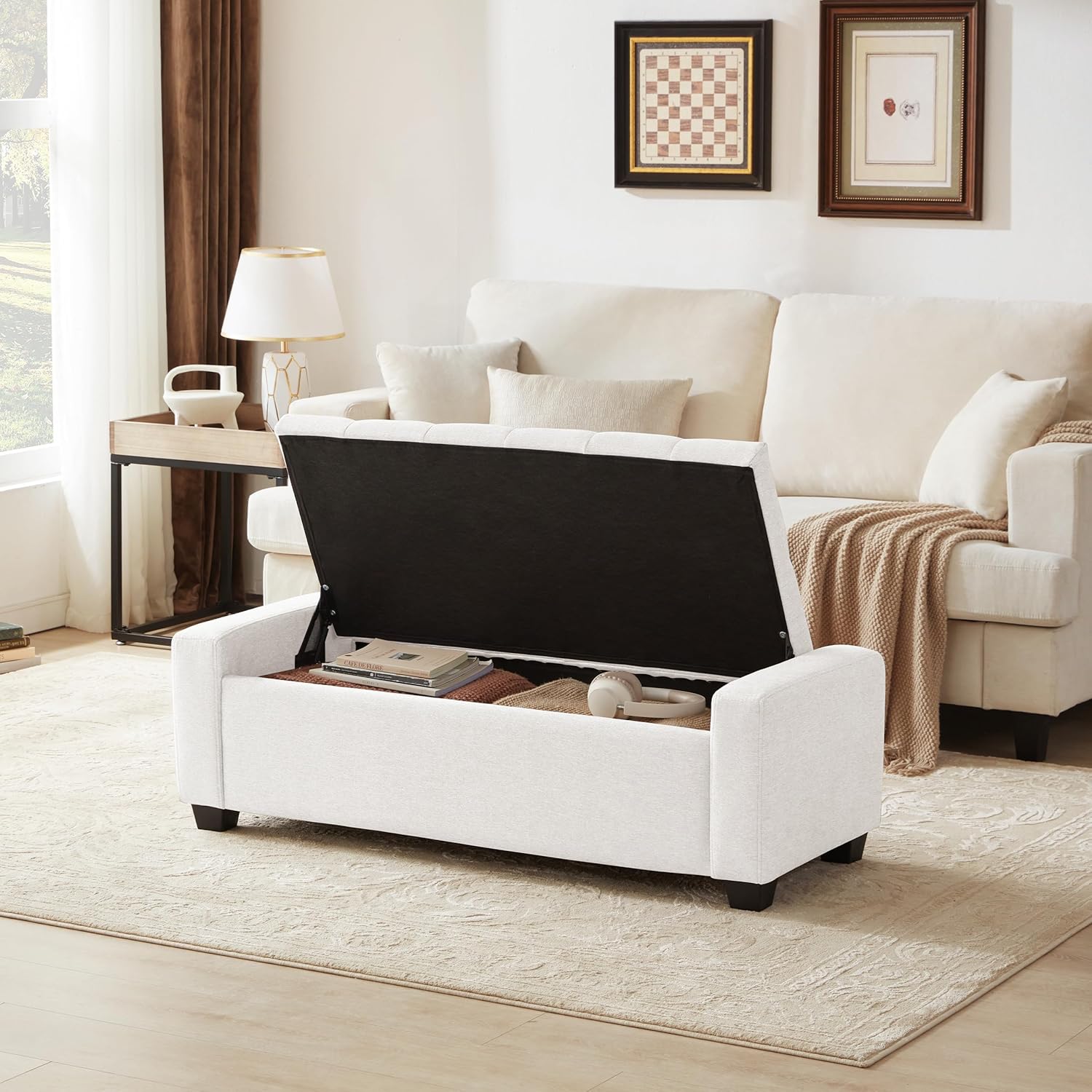 Huatean Home 48" Ottoman with Storage, White Storage Ottoman Bench with Safety Hinge, Upholstered Entryway Bench with Seating for Bedroom, Living Room, Holds up to 330 lb