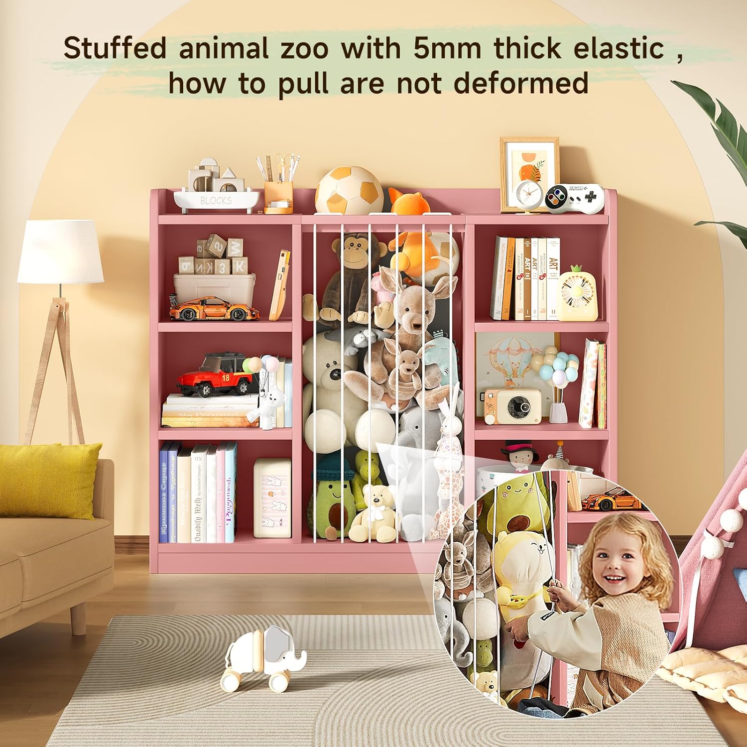 Toddler Stuffed Animal Zoo, Toy Storage Organizer for Playroom, Plush Toy Organizers and Storage, Book Shelf for Kids Rooms, Elastic Band Child Bookcase, Toy Shelf with 8 Storage Cubbies (Pink)
