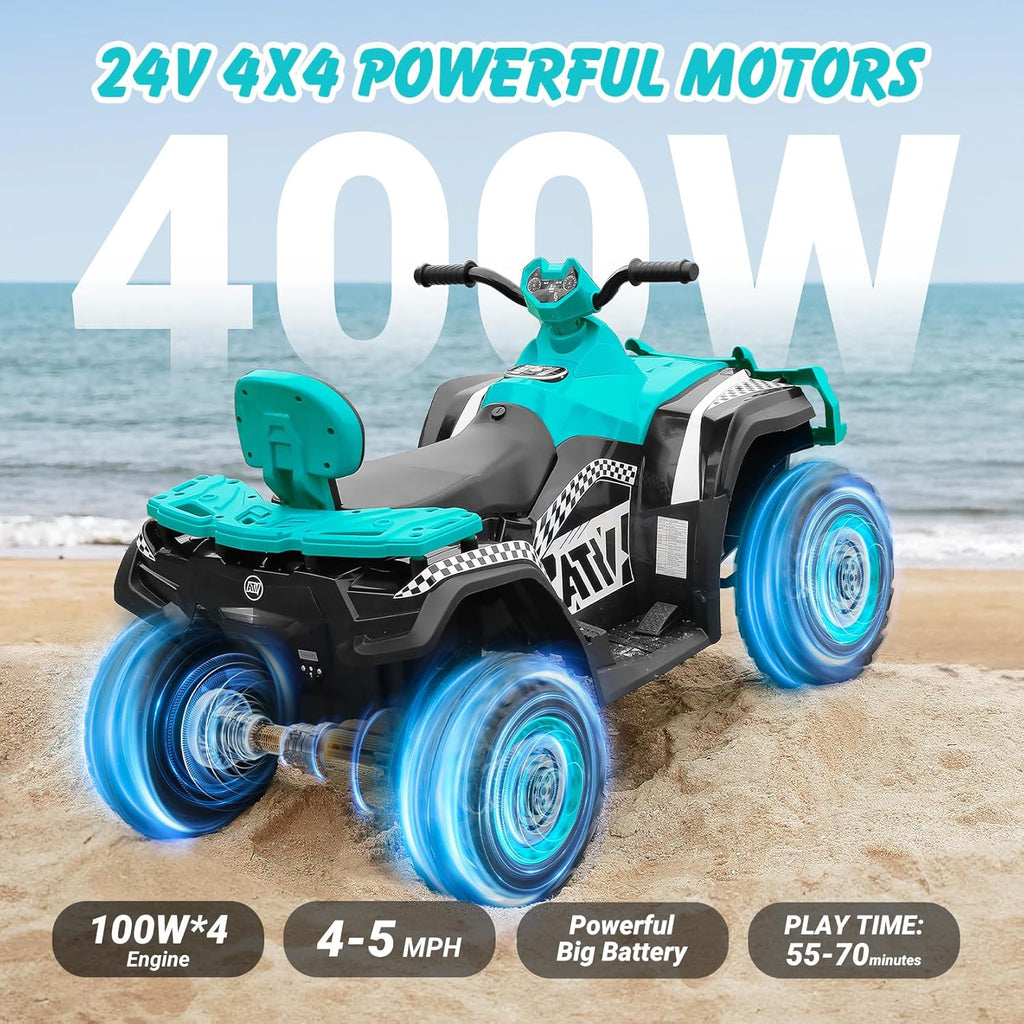 ELEMARA 24V 2 Seater Ride on ATV for Big Kids, Kids 4 Wheeler Battery Operated Toy, 5mph Max Speed,Electric Vvehicle,LED Headlights,Music,ATV for Kid Electric Quad for Boys & Girls, Light Green
