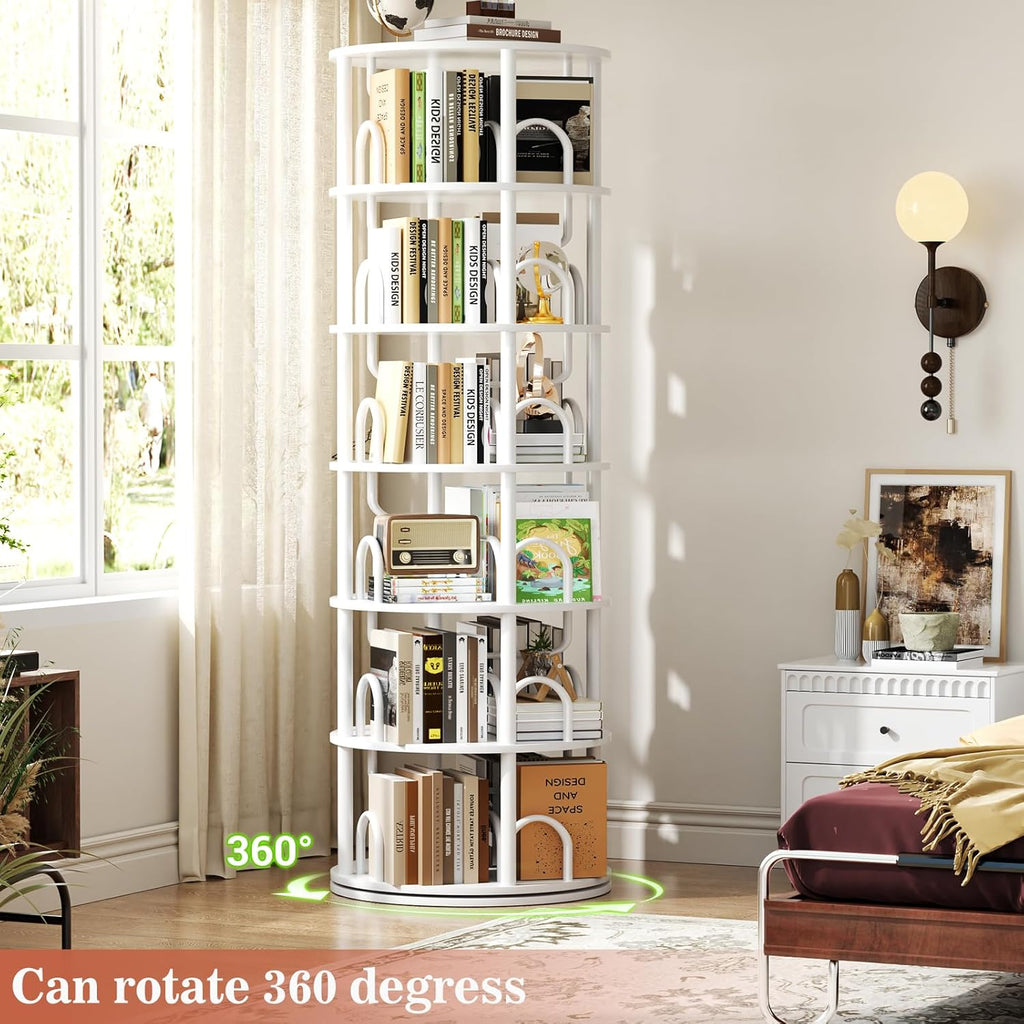 Aheaplus 6 Tier Rotating Bookshelf Tower, Revolving Bookcase, 360° Round Spinning Book Shelf, Narrow Swivel Bookshelves Vertical Rolling Turning Corner Bookshelf Organizer for Small Space, White