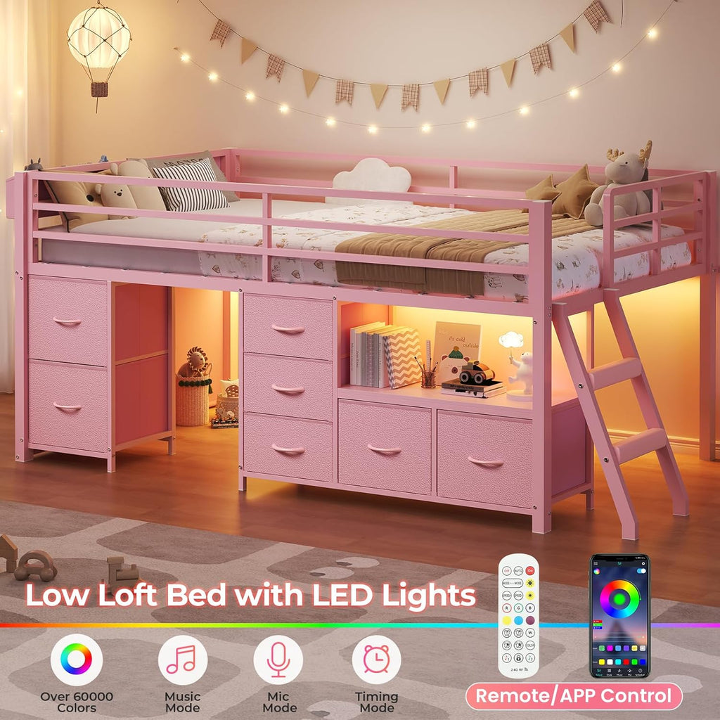ADORNEVE Low Loft Bed Twin Size with 7 Storage Drawers, Bookcase and LED Lights, Metal Kids Loft Bed with 14" H Safety Guardrail,Inclined Ladder and Play Curtain, Under-Bed Play Space,Pink