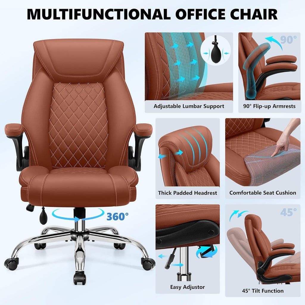 Office Chair, Big and Tall Ergonomic Desk Chair, Executive Leather Computer Chair with Adjustable Lumbar Support, Comfy Gaming Chair with Flip Up Arms, Swivel PC Chair with Rocking Function, Brown