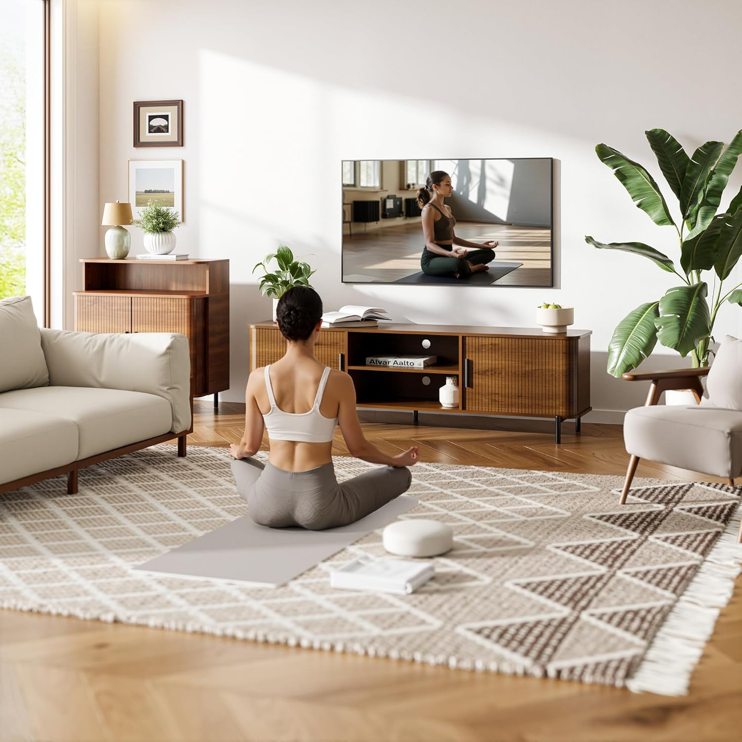 SUNCOZE 70" Mid-Century Fluted TV Stand with Storage, Modern Entertainment Centerfor TVs up to 80 Inch with Sliding Tambour Doors & Open Shelves, Media Console for Living Room or Bedroom (Walnut)