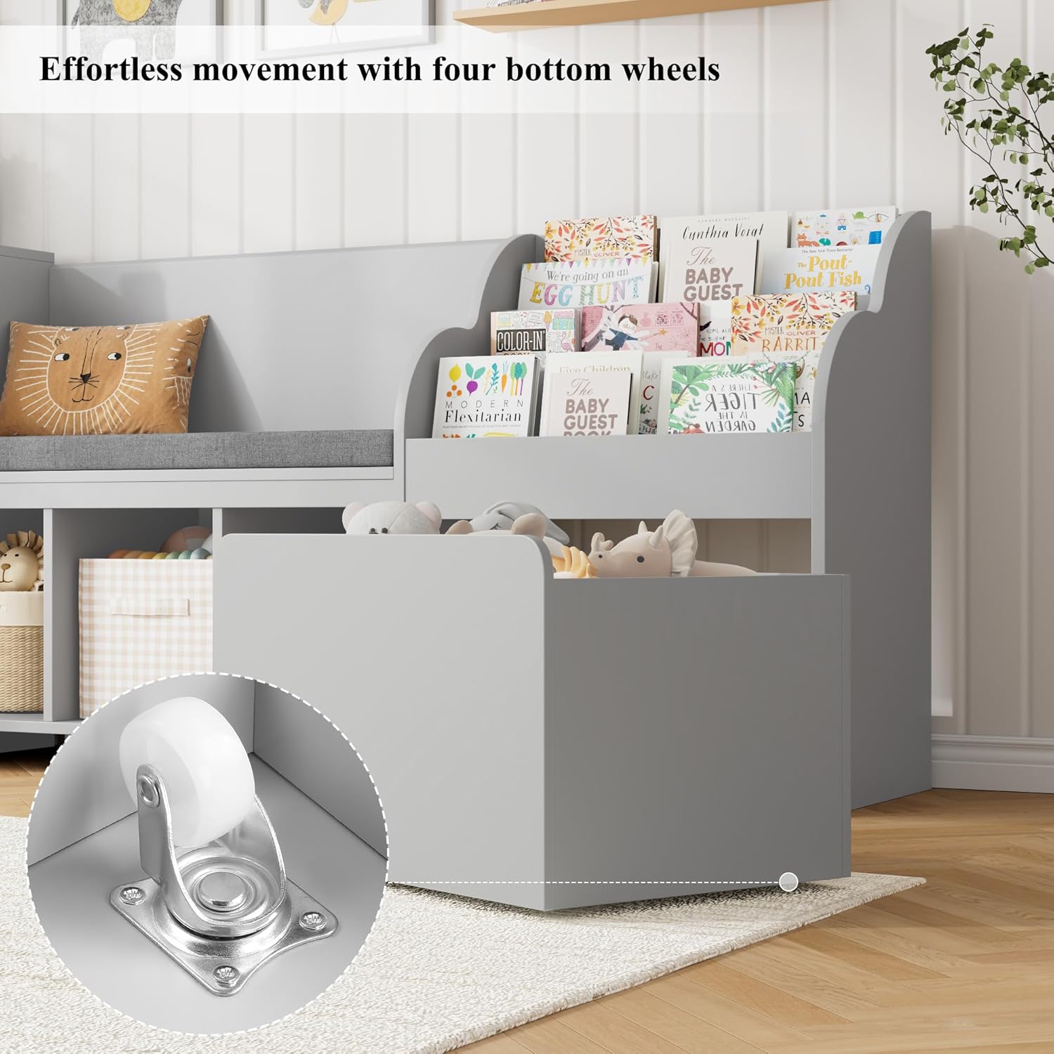 HOSTACK 67" W Kids Reading Nook with Toy Storage Organizer, Large Kids Bookshelf with Toy Storage Box on Wheels, Big Kid Bookcase with Bench and 6 Open Cubbies for Playroom, Kid Room, Grey