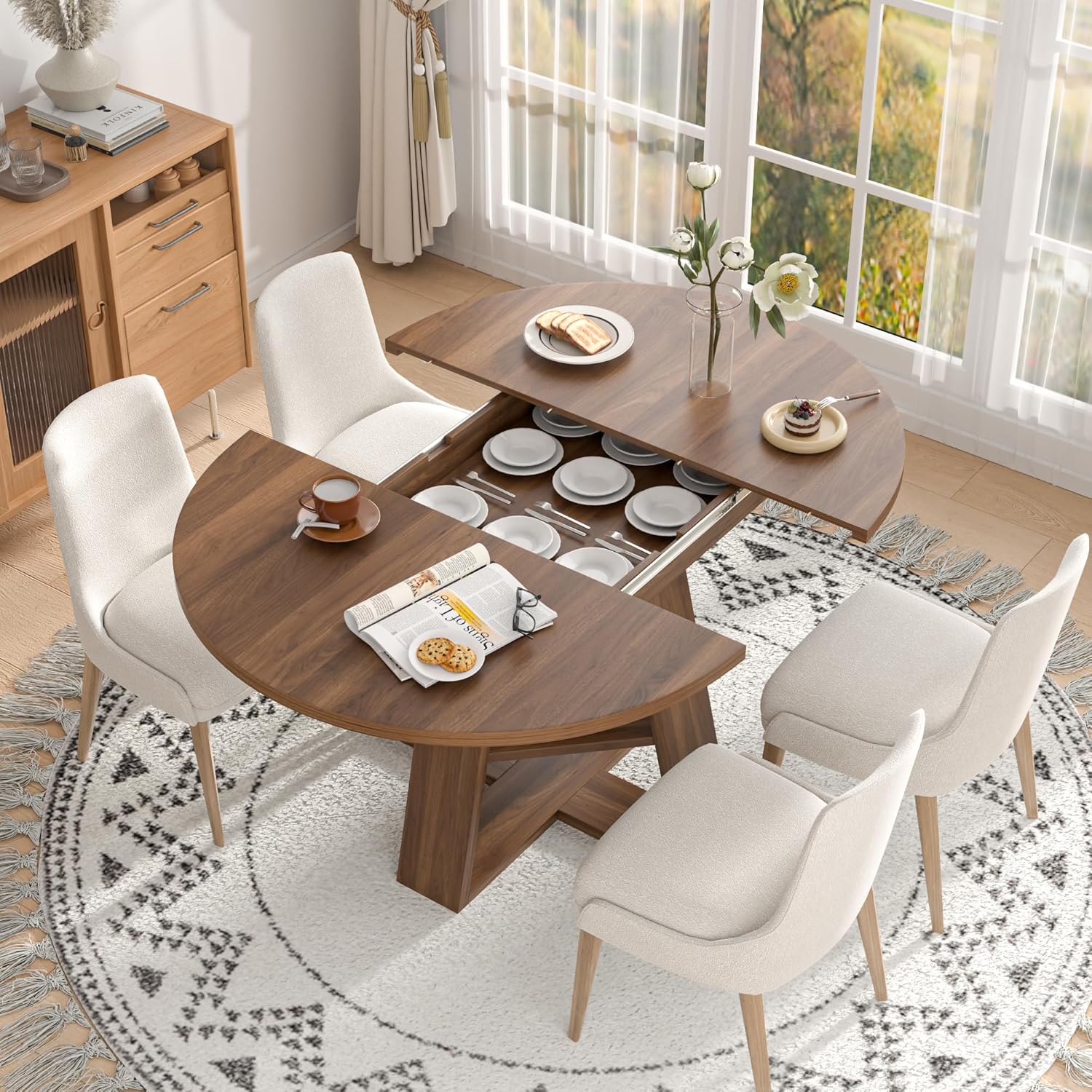 43.3in-59in Extendable Round Dining Table for 4-8,Modern Kitchen Oval Dining Table with Removable Leaves Space Saving,Wood Base with Storage Shelf for Kitchen Living Room (Walnut)