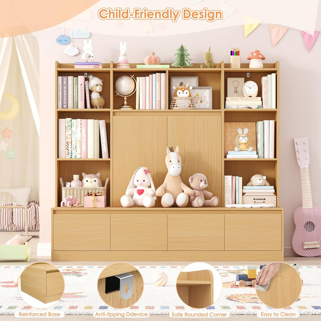 HIFIT 4-In-1 Kids Bookshelf and Toy Storage Organizer with Bench, 10-Cubes Kids Bookcase w/Reading Nook & 4 Sliding-Drawers & 2 Doors, Toy Chest Storage Cabinet for Playroom, Nursery,Classroom,Natural