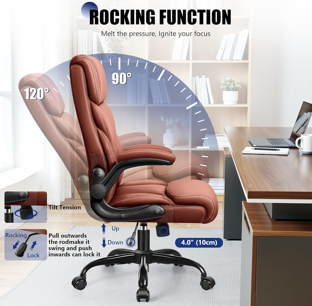 Primy Office Chair, Ergonomic Leather Desk Chair with Flip-up Armrests, Big and Tall High Back Executive Computer & Gaming Chair with Footrest, Comfy Padded, Rocking Function and Lumbar Support(Brown)