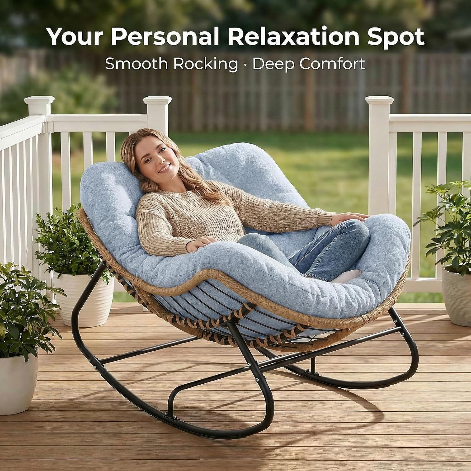 SWITTE Outdoor Rocking Chair, Oversized Patio Papasan Rocker, Comfy Wicker Reading Lounge, Indoor Bed-Like Egg Chair for Bedroom,Balcony, Porch, Garden, Light Blue