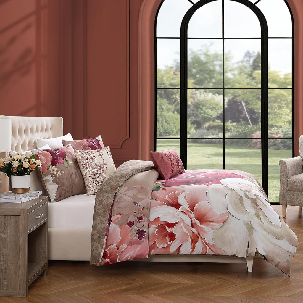 Bebejan Florence 5 Piece Comforter Set, 100% Cotton Sateen, 220 Thread Count, Brown Reversible Bedding Comforter Set, 1 Comforter, 2 Shams & 2 Pillows (King/Cal King)