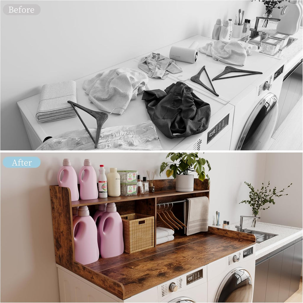 Unionly 2-Tier Washer Dryer Countertop with Clothes Rail，Laundry Topper with Edge and Non-Slip Pad for Washer and Dryer Laundry Hamper Counter Storage Organization (Rustic Brown, Full)