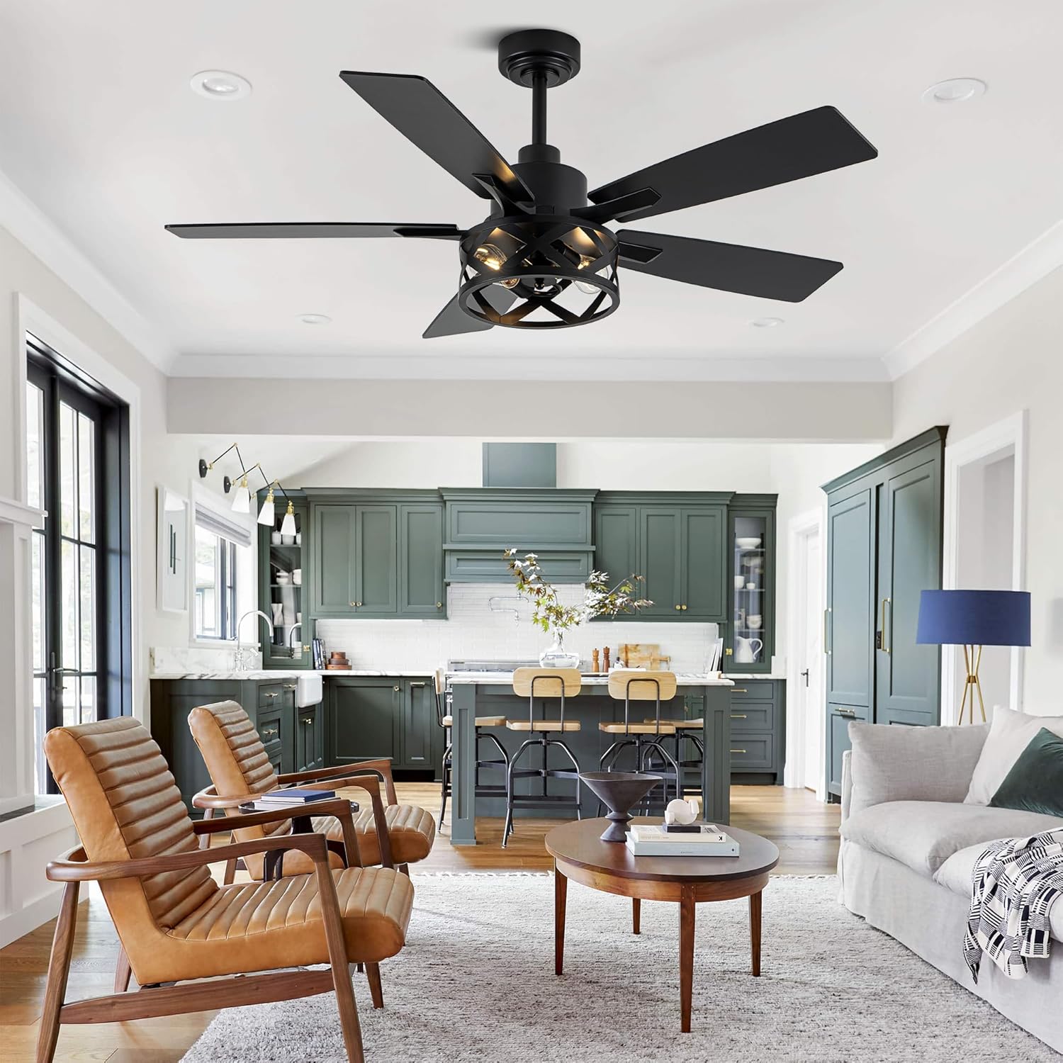 52" Farmhouse Ceiling Fan with Lights and Remote,Ceiling Fan with Caged Rustic Light Fixture,Reversible DC Motor,5 Double Finish Wood Blades for Patio,Living Room,Dining Room,Bedroom