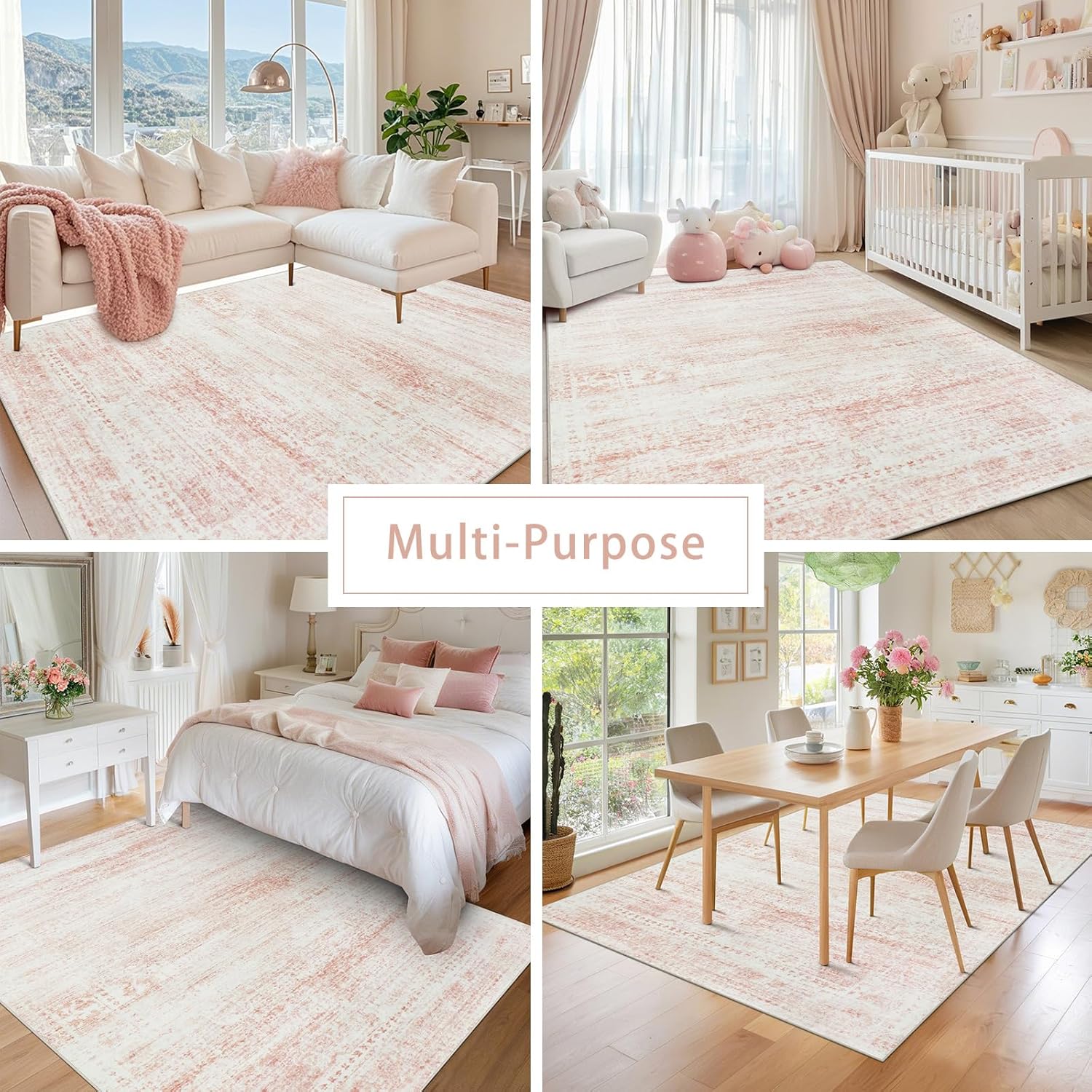 Srugn Washable Rugs 9x12 Area Rugs for Living Room,Rugs for Bedroom,Large Carpets,Ultra Soft Faux Wool Retro Dining Room Rug,Non Slip&Non-Shedding Low Pile Vintage Print Rug for Home Office-Pink White