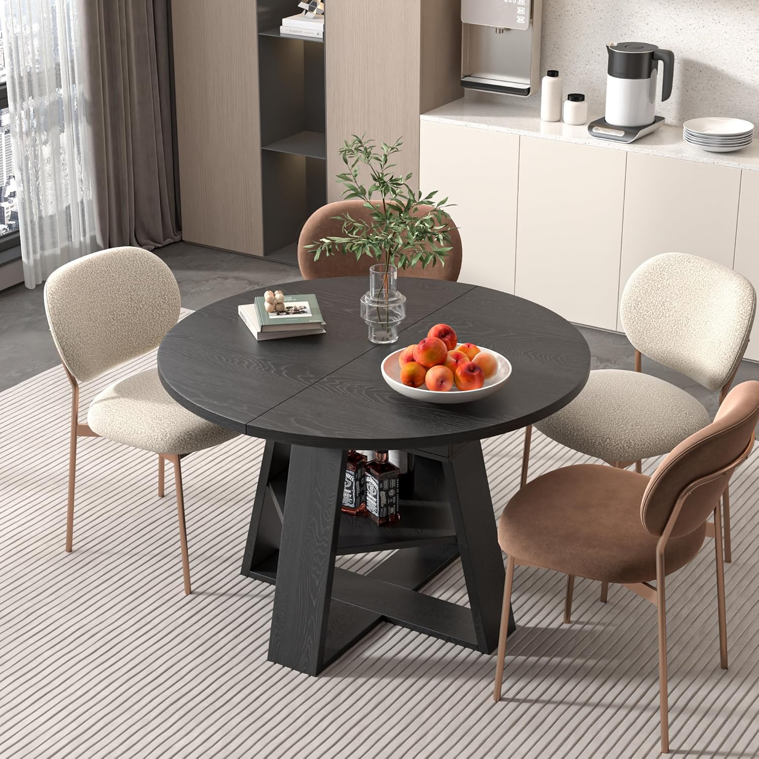 43.3in-59in Extendable Round Dining Table for 4-8,Modern Kitchen Oval Dining Table with Removable Leaves Space Saving,Wood Base with Storage Shelf for Kitchen Living Room (Black)