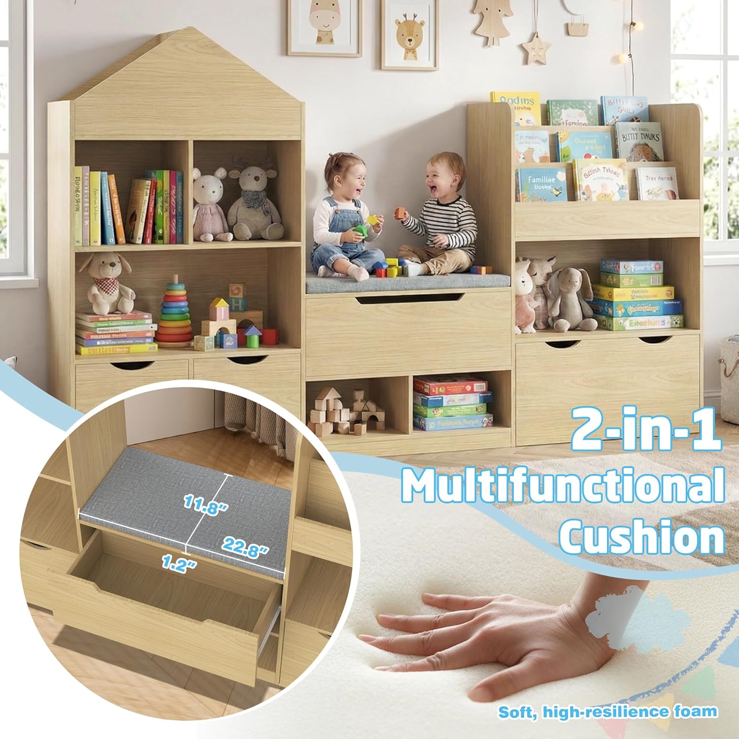 72" Kids Castle Bookshelf with Reading Nook, Large Toy Storage Organizer with Seat Cushion, 4 Drawers, Wheels, Kids Bookshelf and Bookcase w/8 Cubbies for Playroom, Nursery, Bedroom (Burlywood)