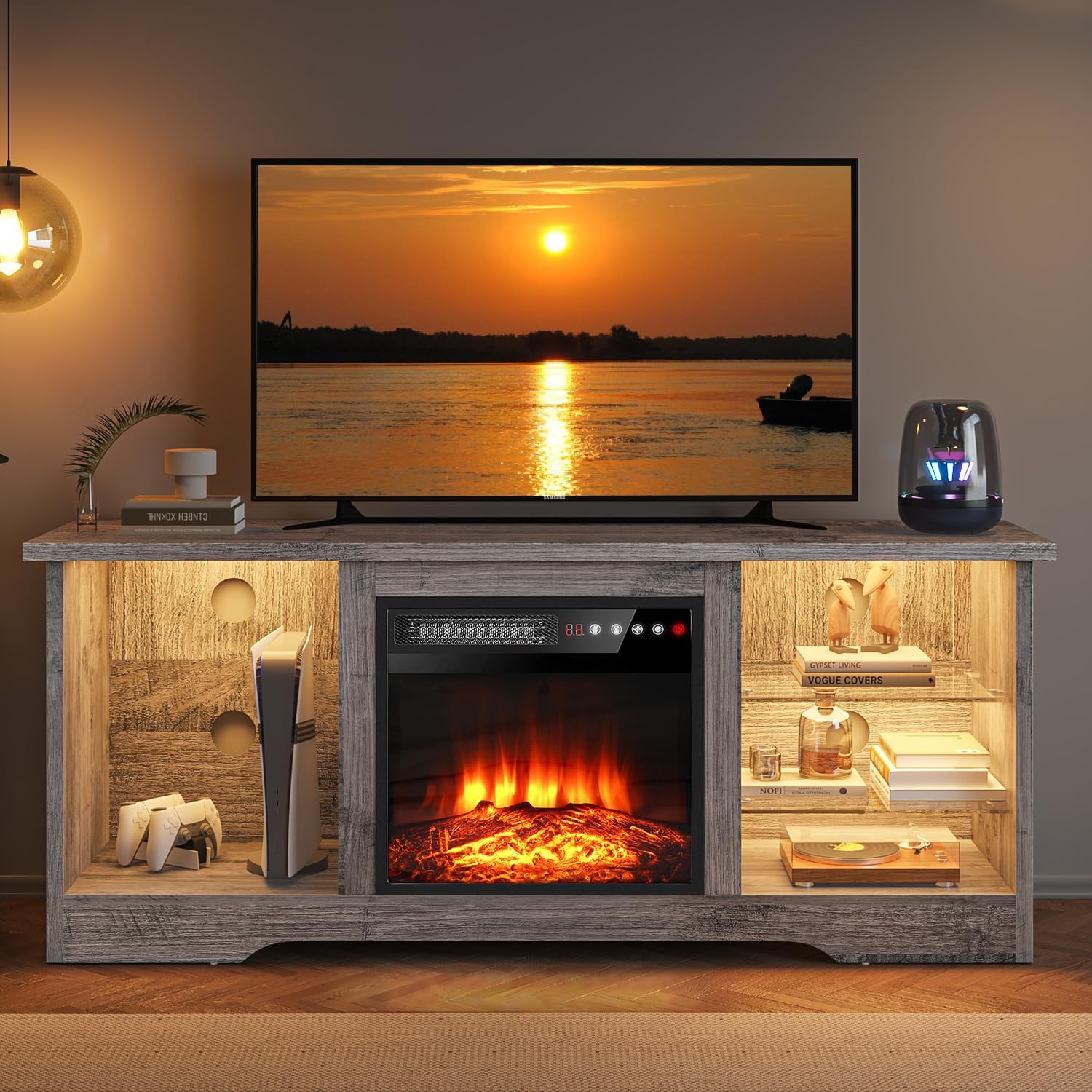 VITESSE 58 Inches Fireplace TV Stand for TVs up to 65 Inches Console with 18'' Electric Fireplace & Remote,Wooden Modern Entertainment Center for Living Room with LED Light Glass Shelves（Gray）