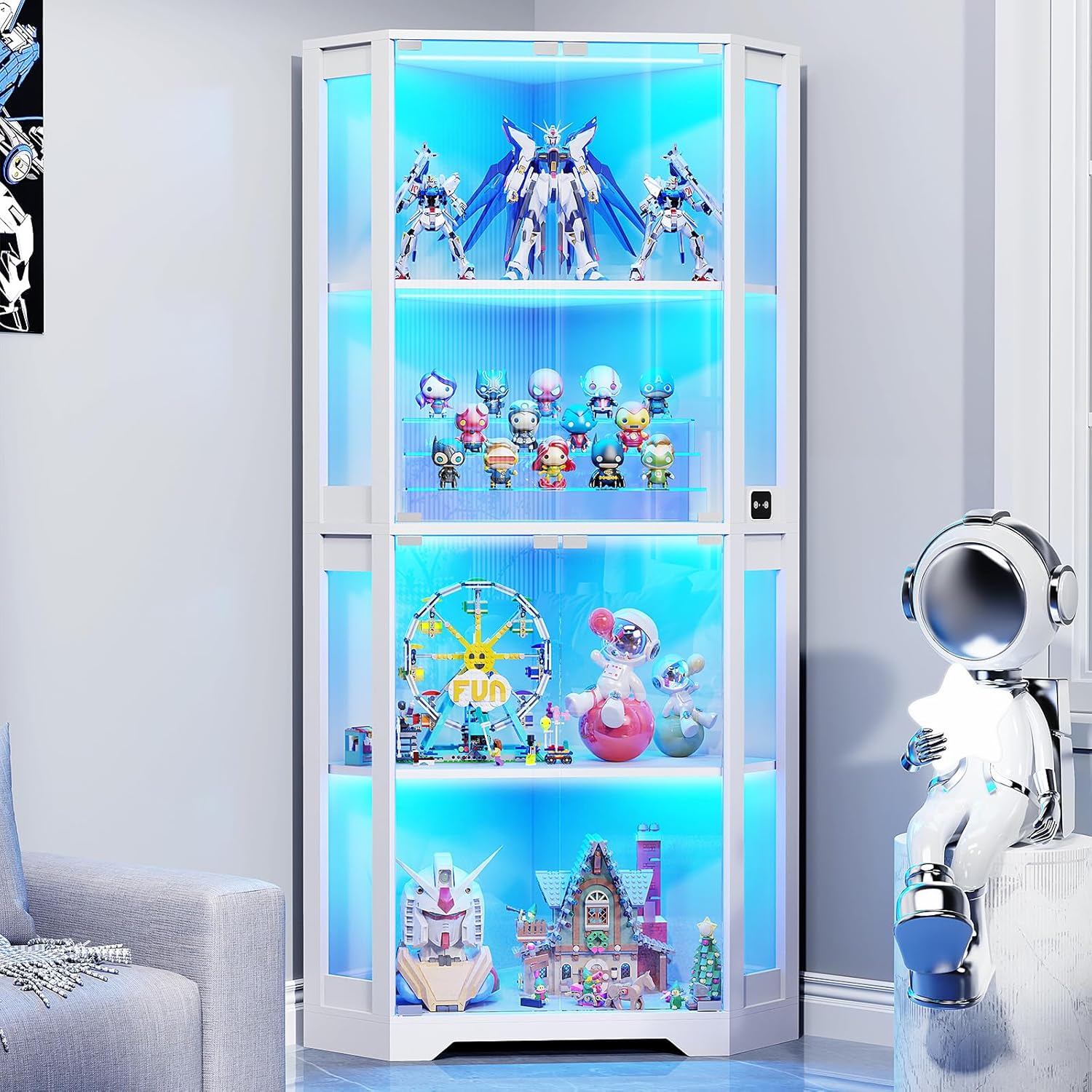 BROTTAR Corner Display Cabinet with Glass Doors, 65" Lighted Curio Display Case with 3 Color Lights for Collectibles, Books, 4-Tier Bookcase with Human Body Sensor, White