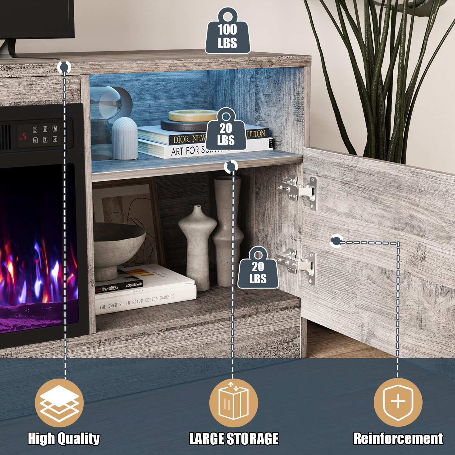 VITESSE TV Stand with 36" inch Electric Fireplace Up to 80" TVs, LED Light Entertainment Center, 70" Modern Wood High Gloss Fireplace with Highlight Storage Cabinet for Living Room (Grey)