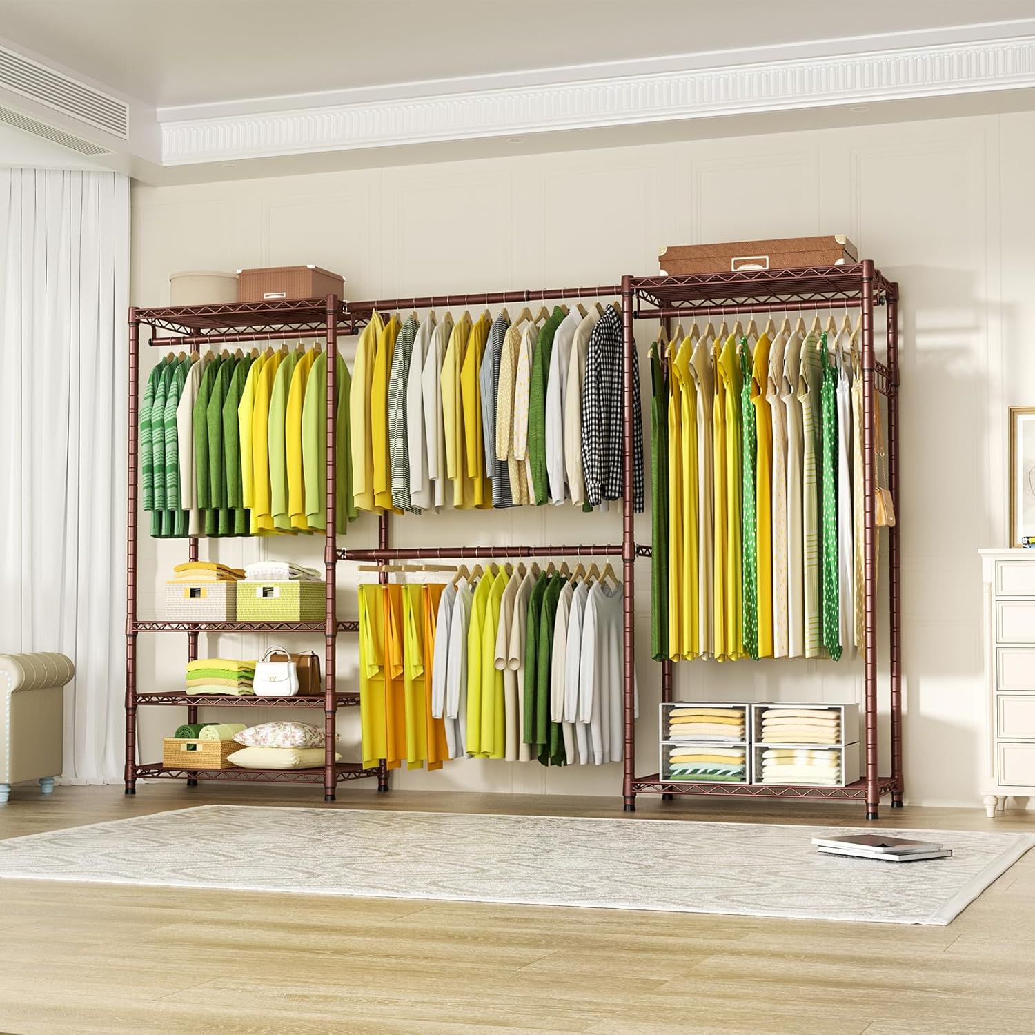 Ulif E1 Heavy Duty Closet Garment Rack, 6 Tiers Adjustable Metal Freestanding Expandable Clothing Storage with 4 Hanger Rods, Easy to Assemble Wardrobe, 71.4" H x (70" - 88.2") L x 14" D, Bronze