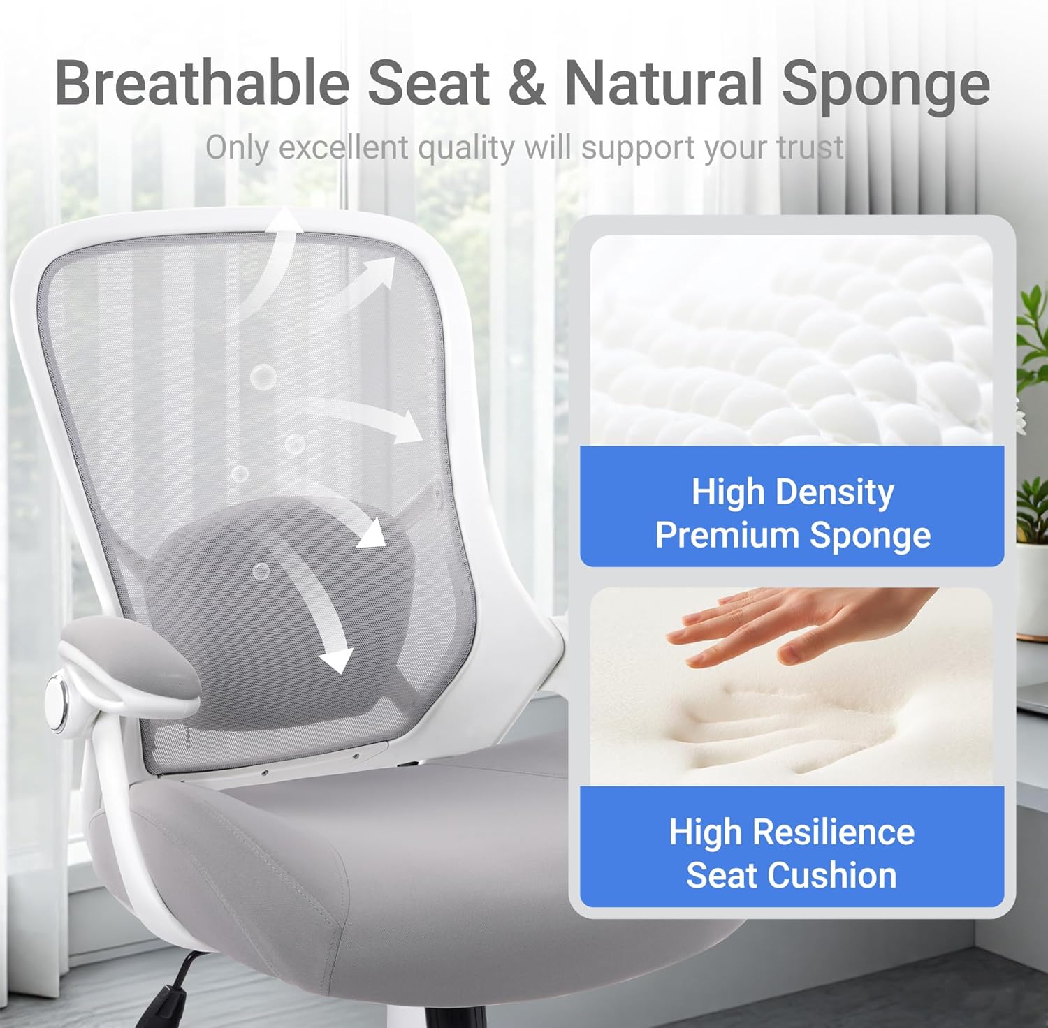 HYLONE 400lbs Heavy Duty Office Chair, 5" Thickened Seat Ergonomic Desk Chair with Adjustable Armrests, Home Office Computer Chairs for Long Hours Mesh Executive Chair(Grey)