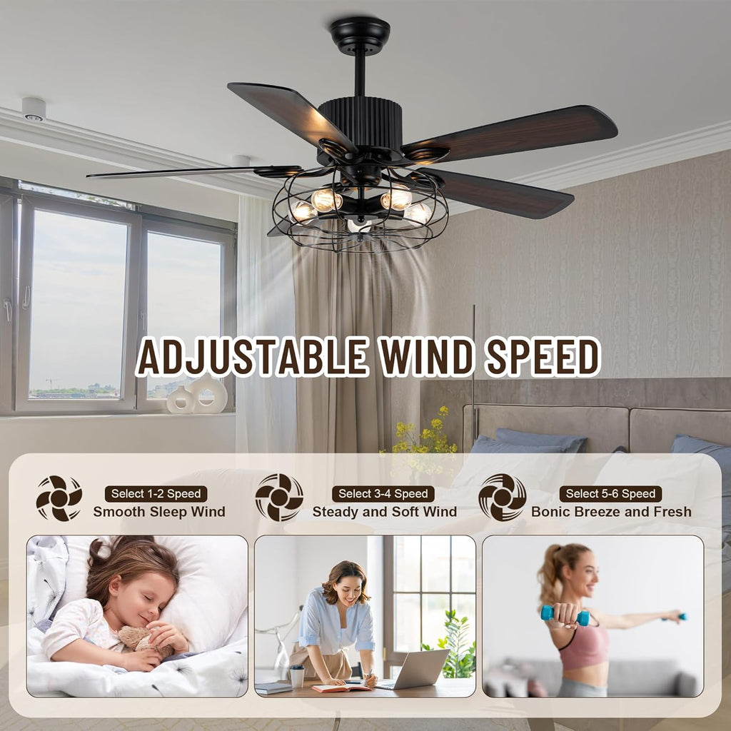 52" Farmhouse Ceiling Fans with Lights and Remote,Industrial Caged Rustic Retro Chandelier Ceiling Fan with Reversible Motor,5 Double Colour Blades for Dining Room Living Room Bedroom