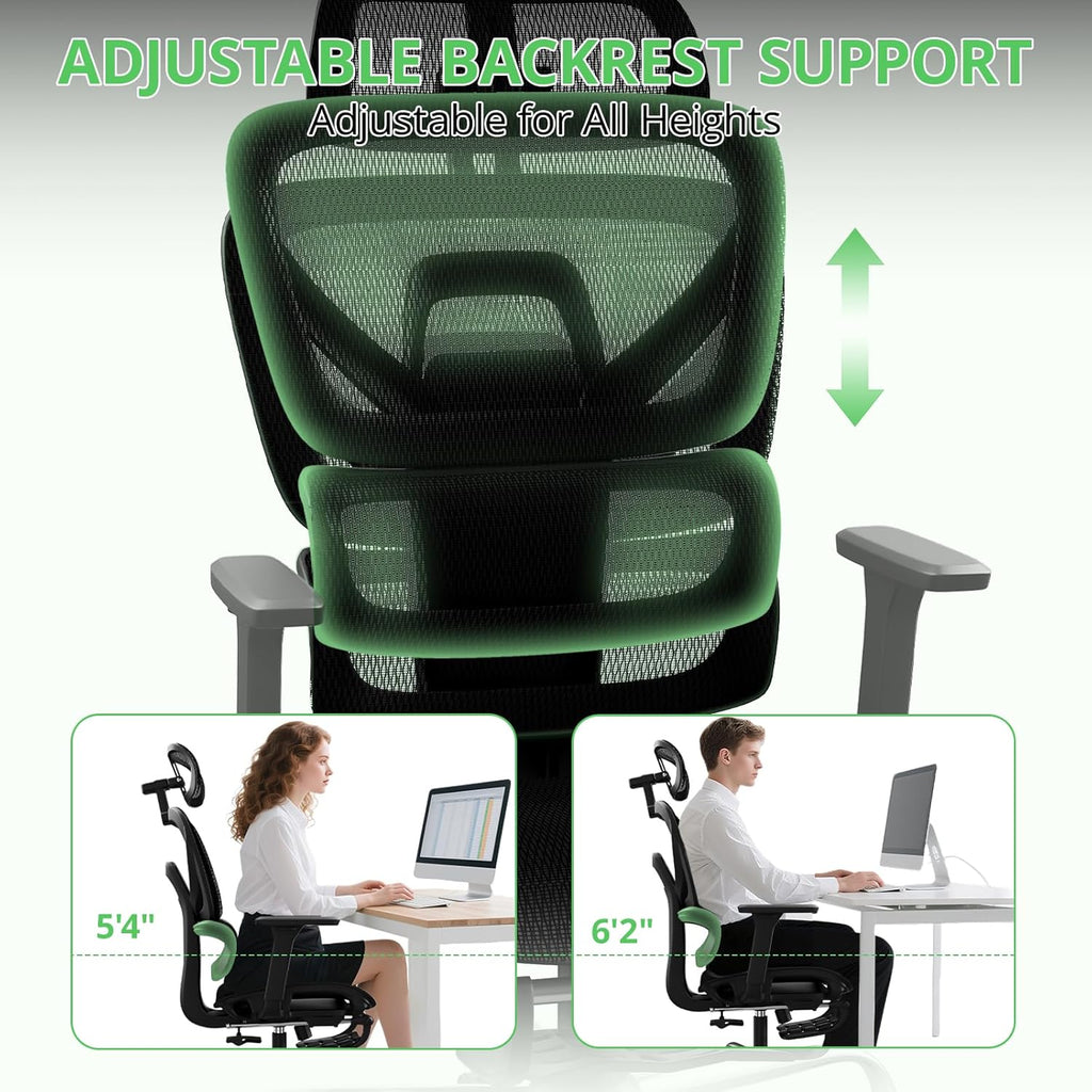 Synorla Ergonomic Office Chair with Footrest, Mesh Desk Chair with 135° Recline, Adjustable Lumbar Support, 3D Armrests and Headrest, Swivel Computer Chair for Home Office