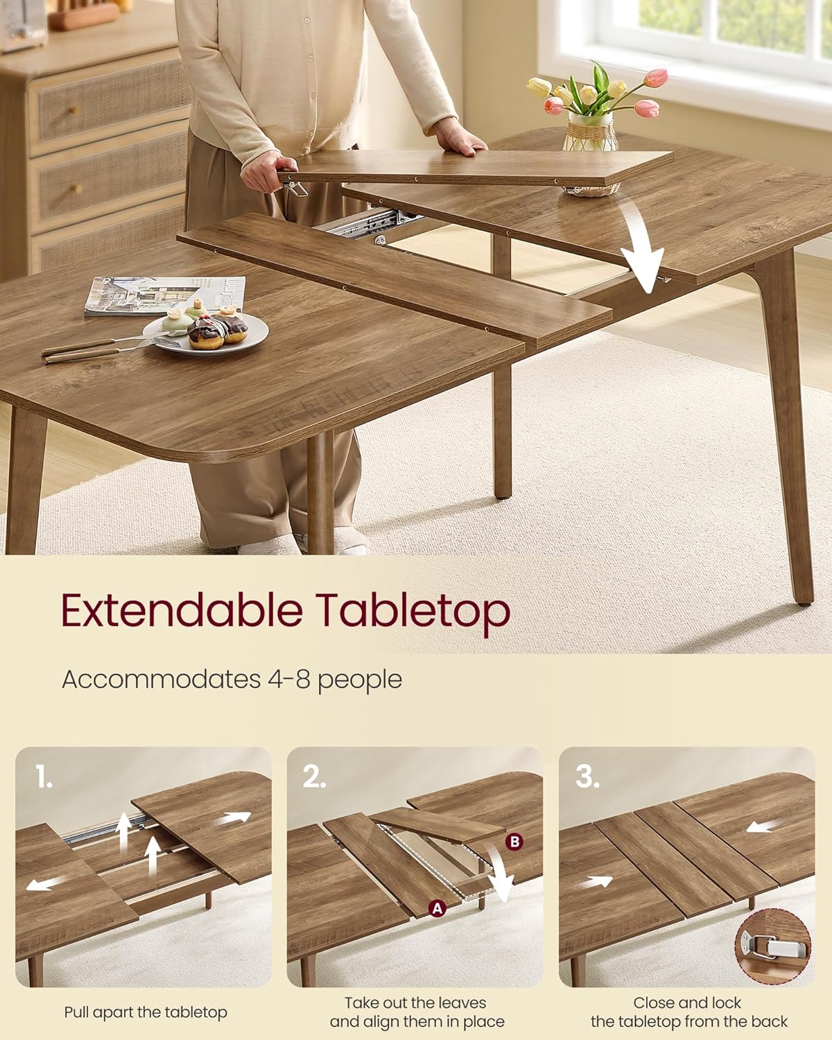 VASAGLE MAEZO Collection - Extendable Dining Table for 4/6/8, Kitchen Table with Tapered Legs, Curved Transitions, for Dining Room, Kitchen, Home Office, Honey Brown UKDT090K01V1