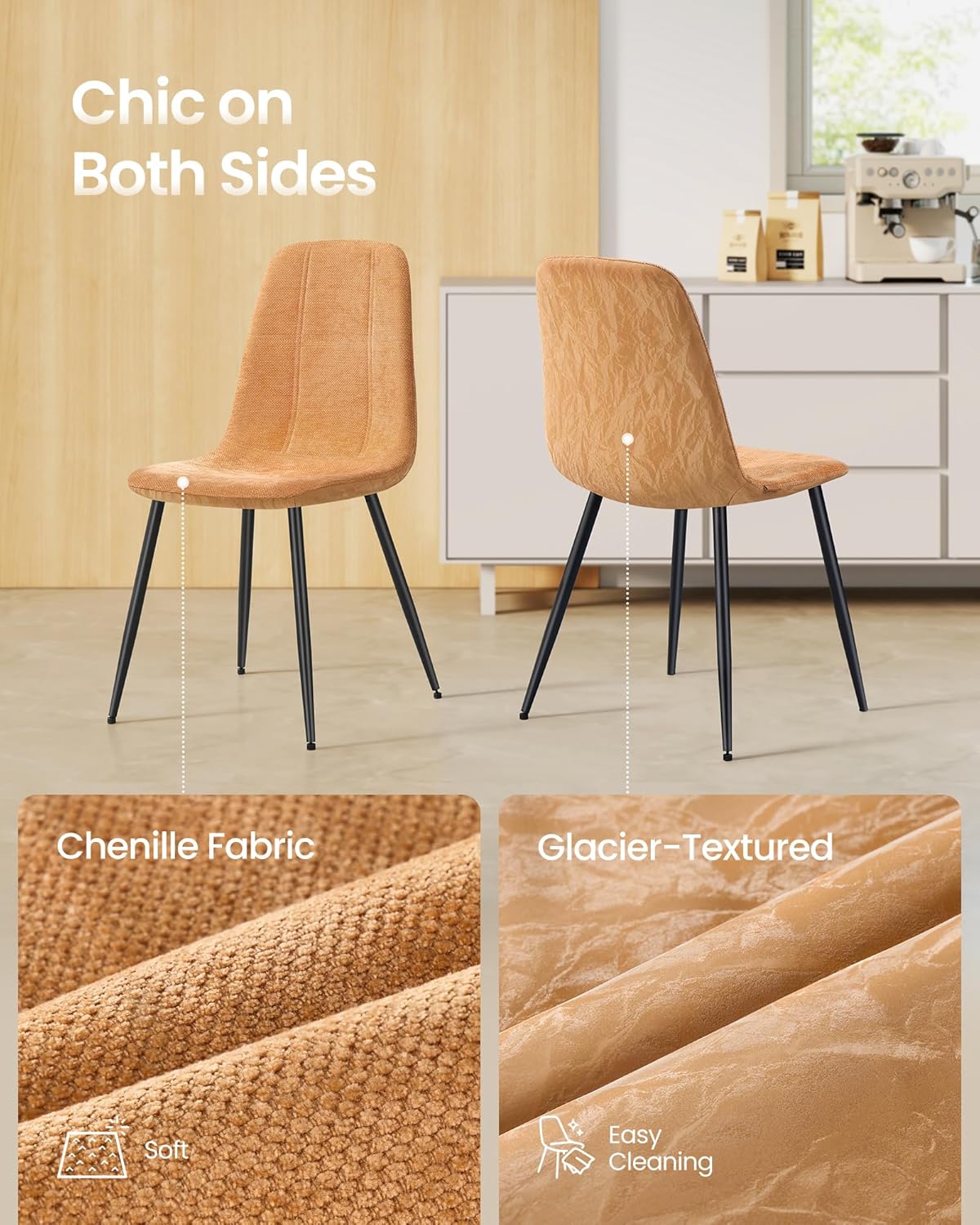 VASAGLE Dining Chairs, Set of 2 Dining Room Chairs, Metal Frame, Adjustable Feet, Easy to Clean, Glacier-Textured Synthetic Leather, for Kitchen, Caramel Brown UKDC187K01